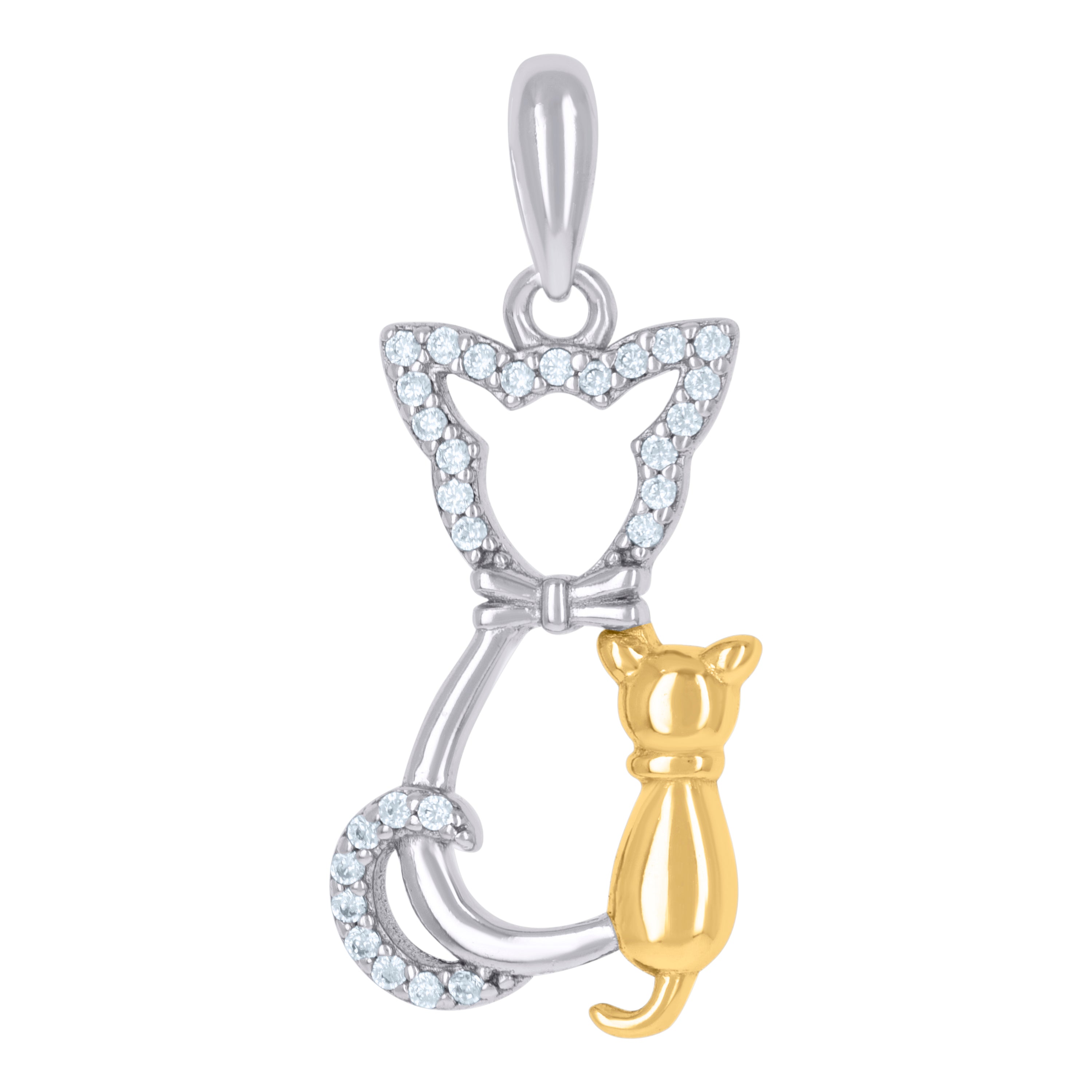 925 Sterling Silver Yellow-Tone Womens Cubic-Zirconia Mom Baby Cat Charm Pendant