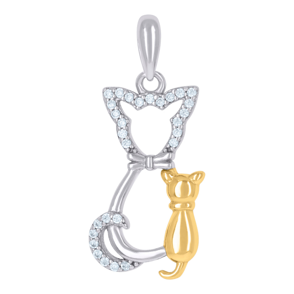 925 Sterling Silver Yellow-Tone Womens Cubic-Zirconia Mom Baby Cat Charm Pendant