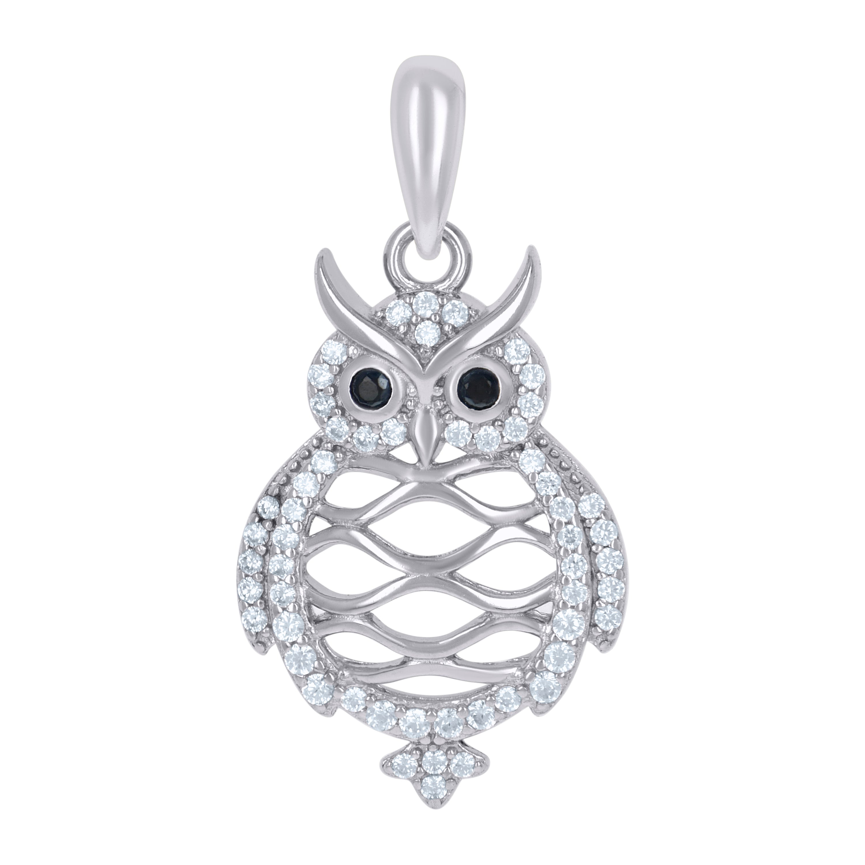 925 Sterling Silver Womens Black White Cubic-Zirconia Owl Bird Wildlife Charm Pendant