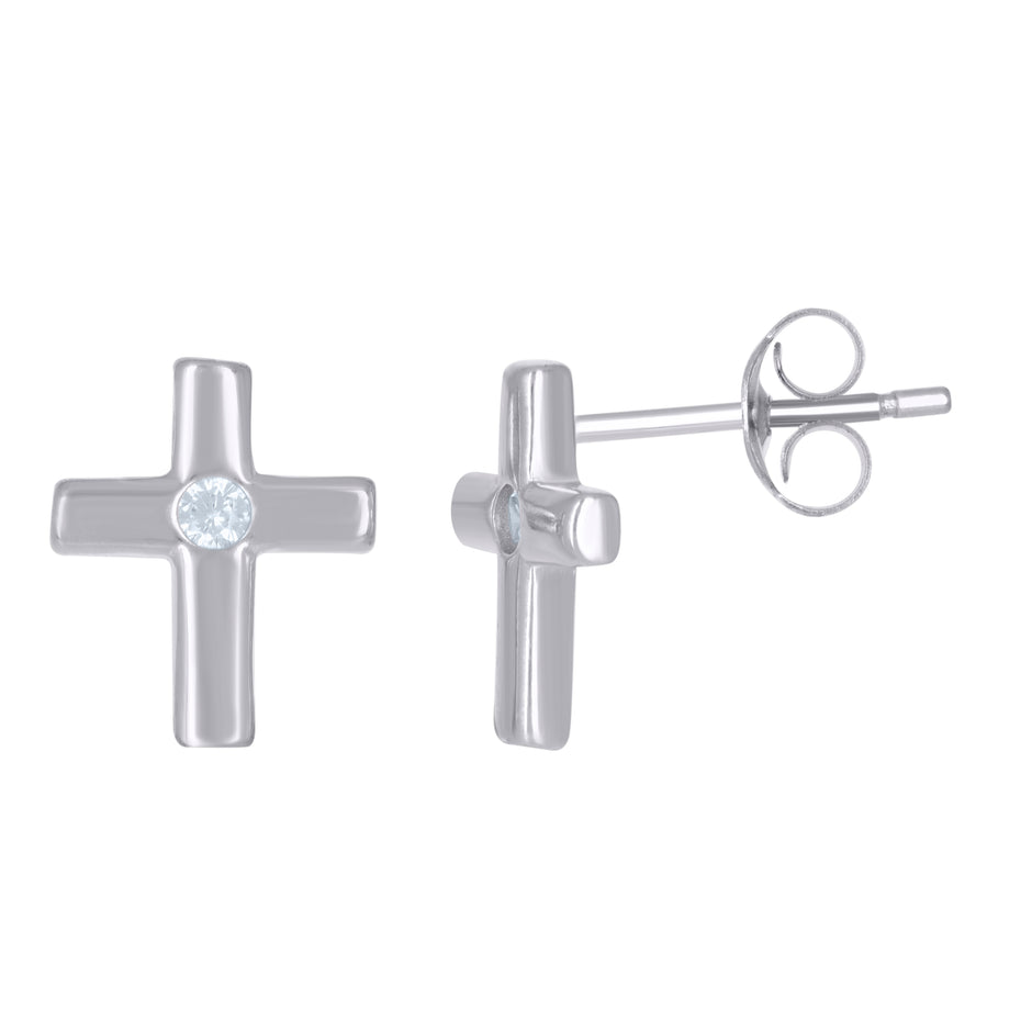 925 Sterling Silver Womens Cubic-Zirconia Cross Religious Stud Earrings 