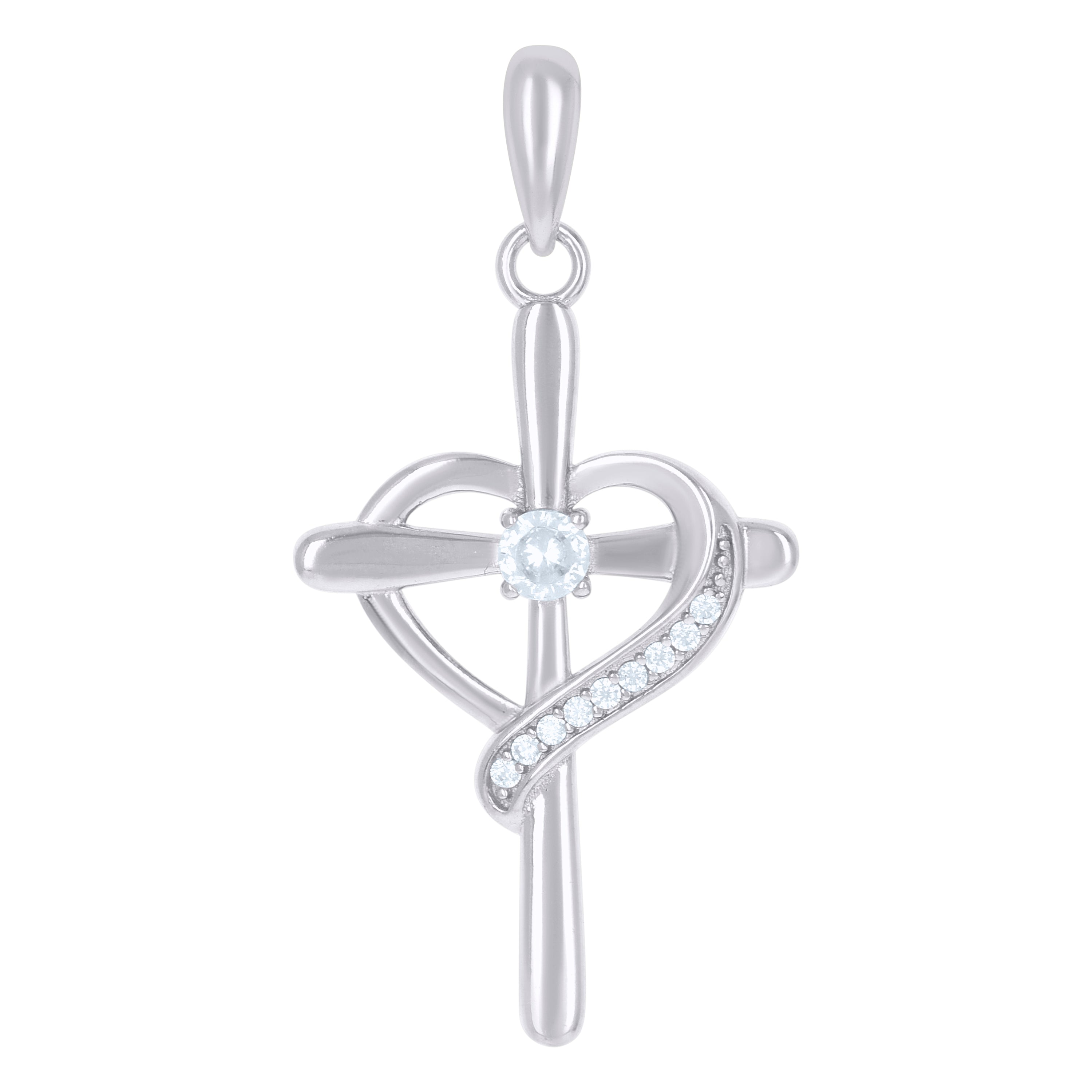 925 Sterling Silver Womens Cubic-Zirconia Heart Cross Religious Charm Pendant