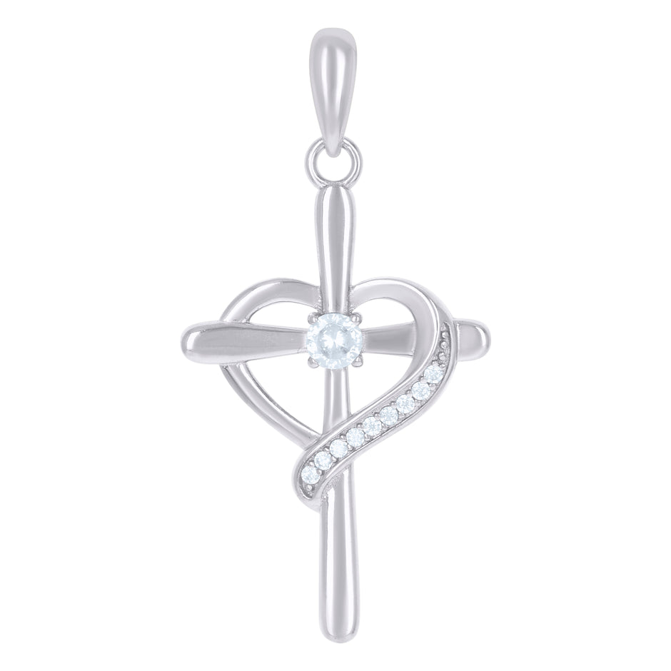 925 Sterling Silver Womens Cubic-Zirconia Heart Cross Religious Charm Pendant