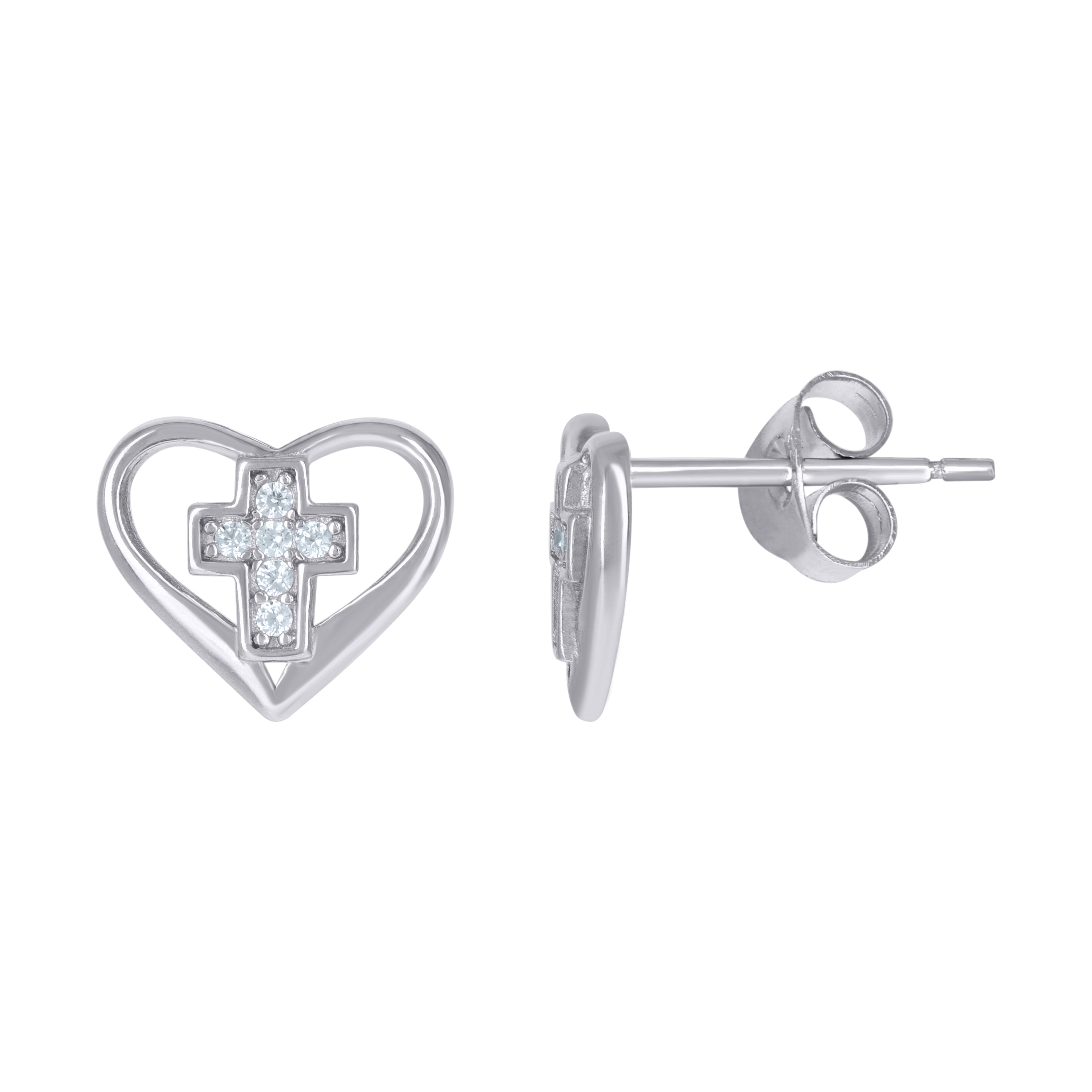 925 Sterling Silver Womens Cubic-Zirconia Cross Heart Love & Heart Stud Earrings