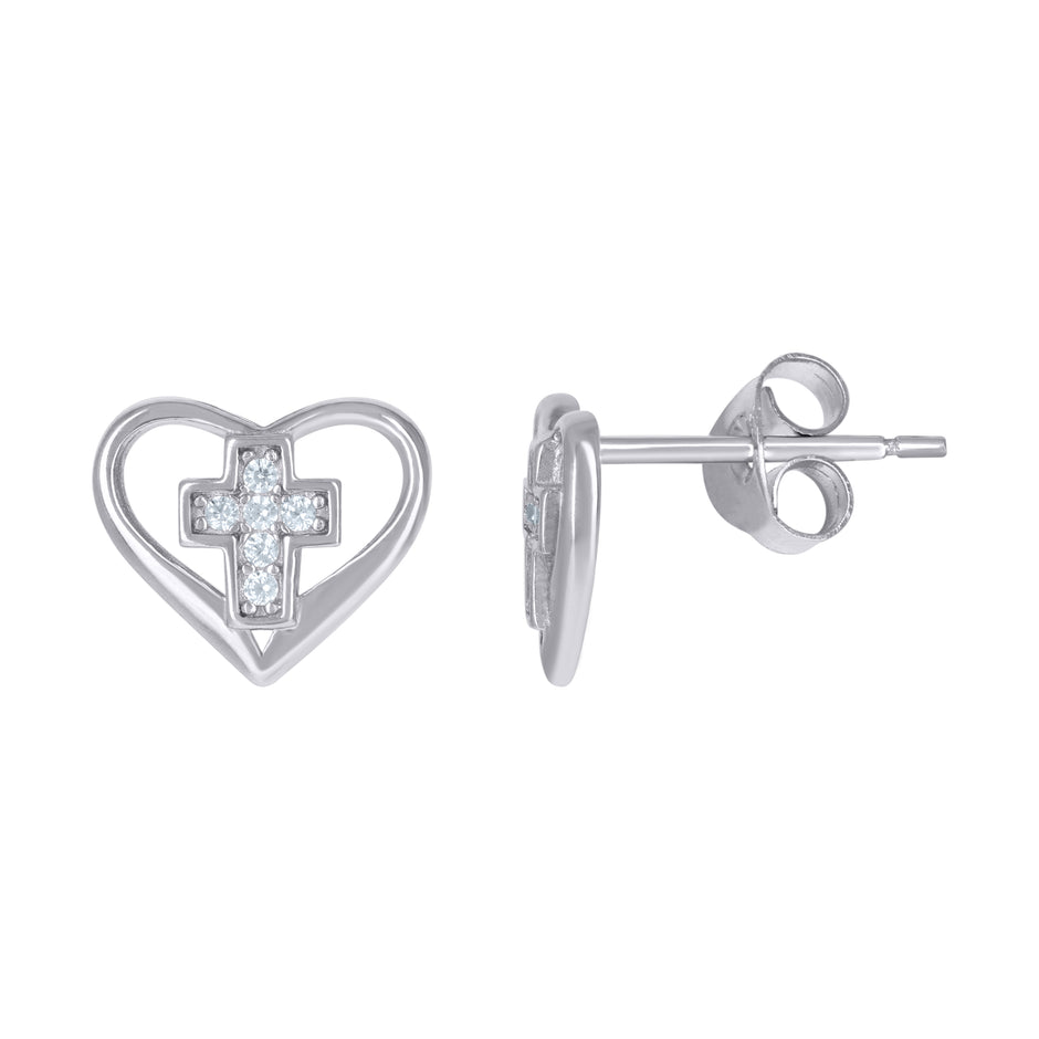 925 Sterling Silver Womens Cubic-Zirconia Cross Heart Love & Heart Stud Earrings