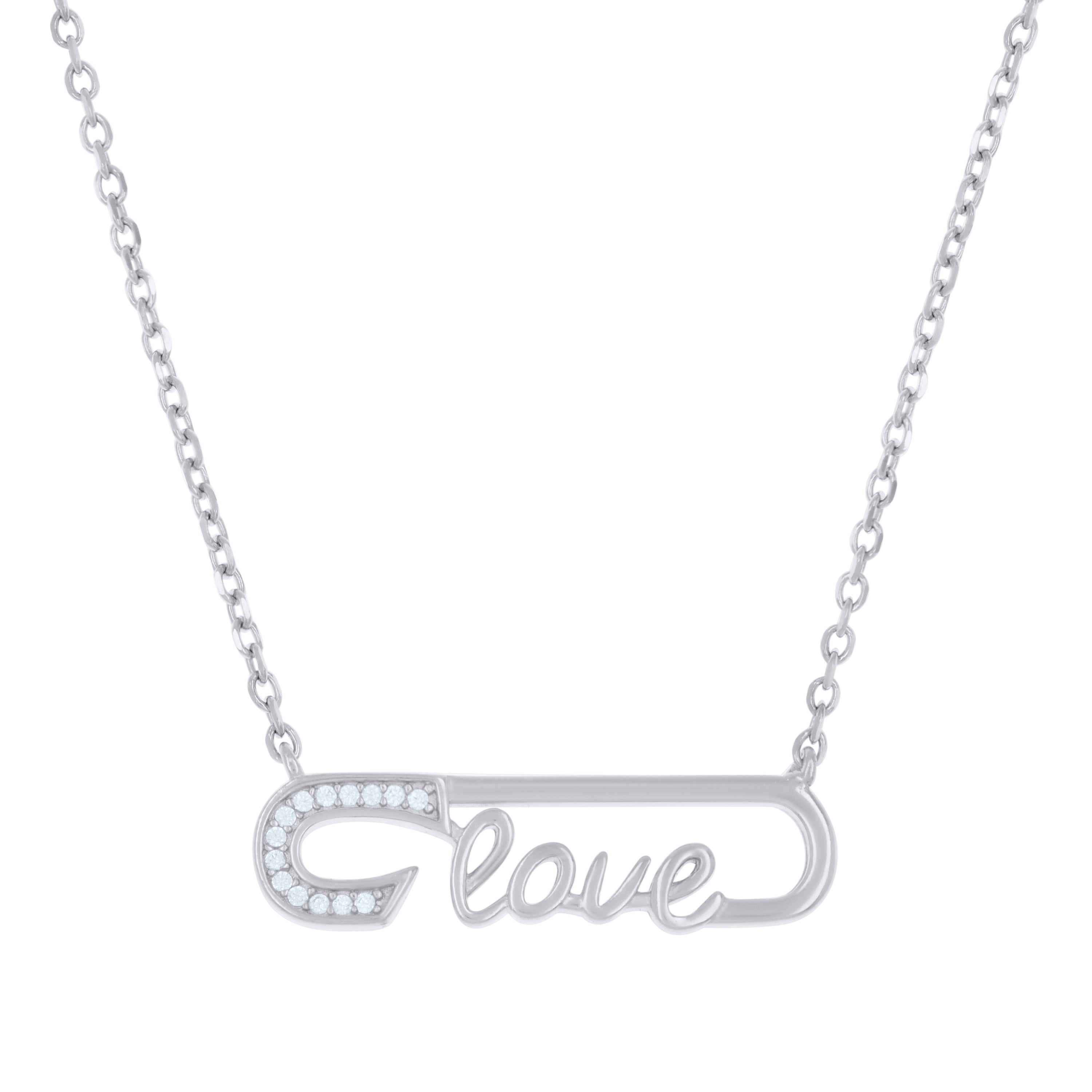 925 Sterling Silver Womens Cubic-Zirconia Love Safety Pin Necklace
