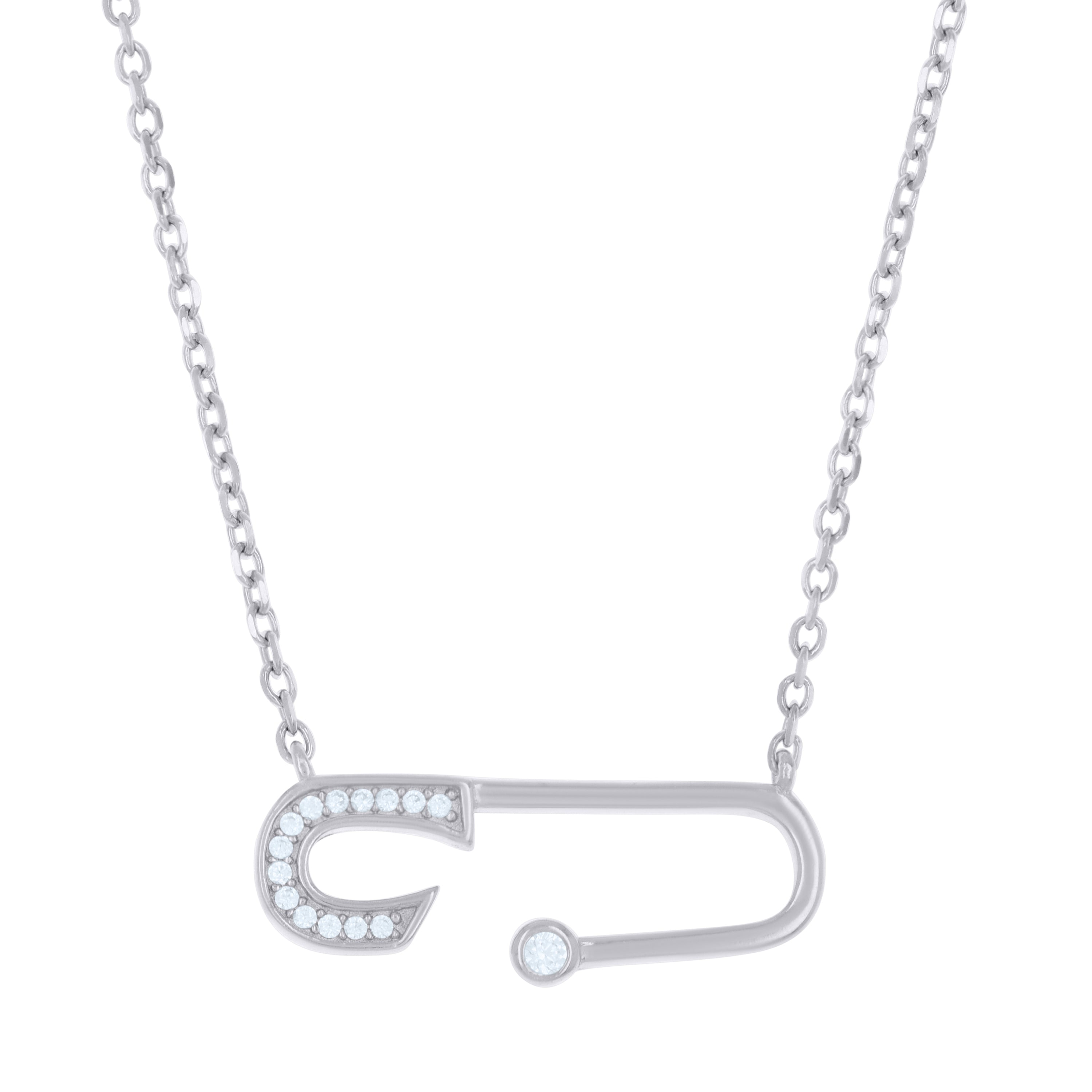 925 Sterling Silver Womens Cubic-Zirconia Safety Pin Necklace