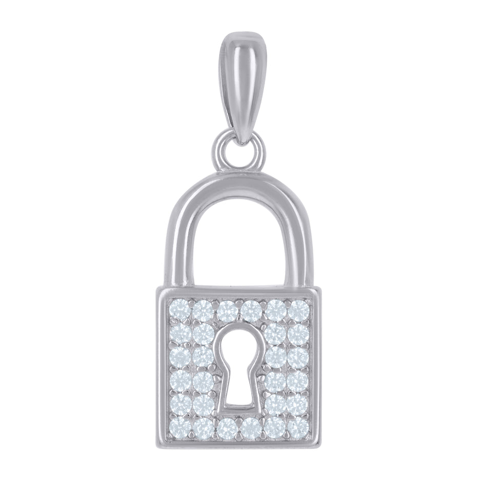 925 Sterling Silver Unisex Cubic-Zirconia Lock Charm Pendant