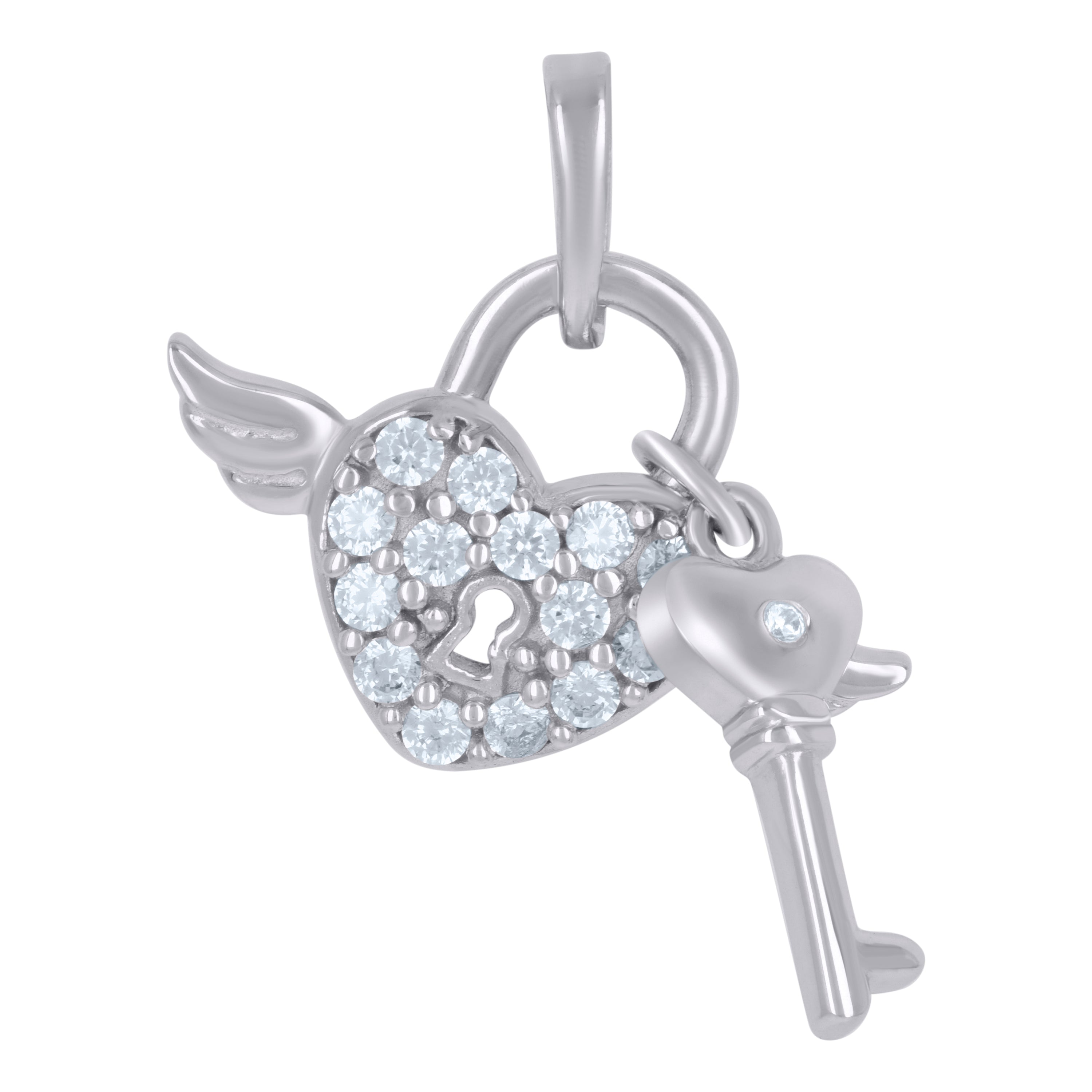 925 Sterling Silver Womens Cubic-Zirconia Flying Heart Lock & Key Charm Pendant