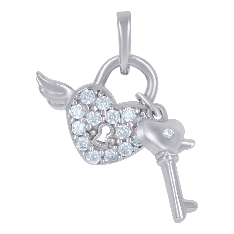 925 Sterling Silver Womens Cubic-Zirconia Flying Heart Lock & Key Charm Pendant
