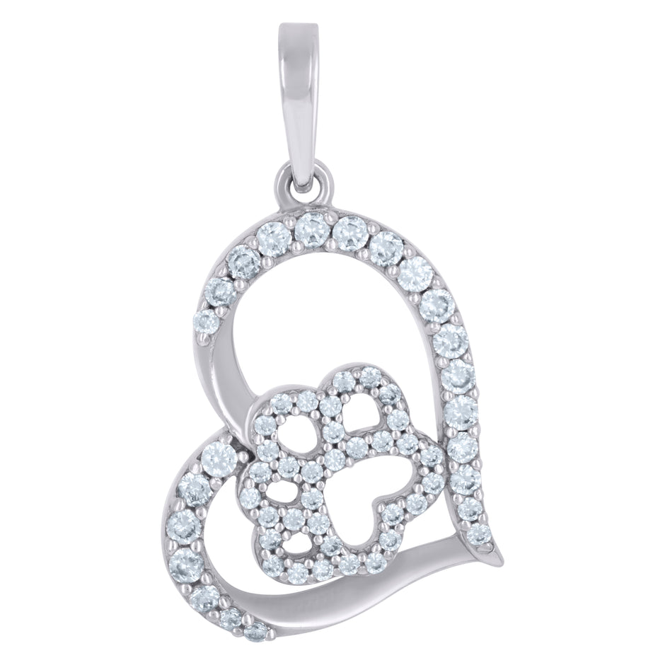 925 Sterling Silver Womens Cubic-Zirconia Paw Print Heart Charm Pendant