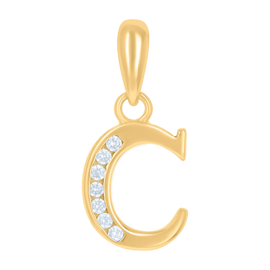 925 Sterling Silver Yellow-Tone Unisex Cubic-Zirconia Initial Alphabet C Charm Pendant