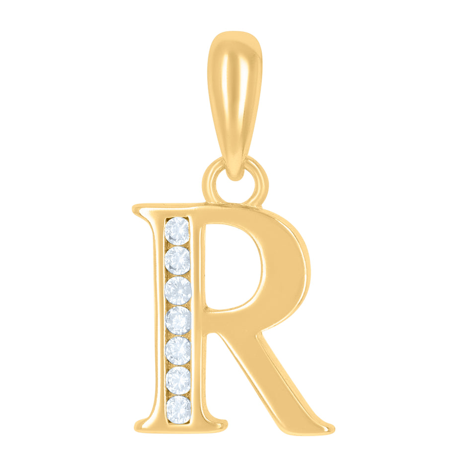 925 Sterling Silver Yellow-Tone Unisex Cubic-Zirconia Initial Alphabet R Charm Pendant