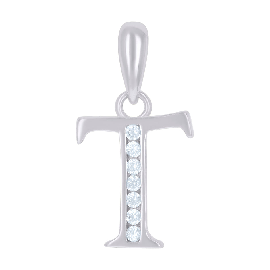 925 Sterling Silver Unisex Cubic-Zirconia Initial Alphabet T Charm Pendant