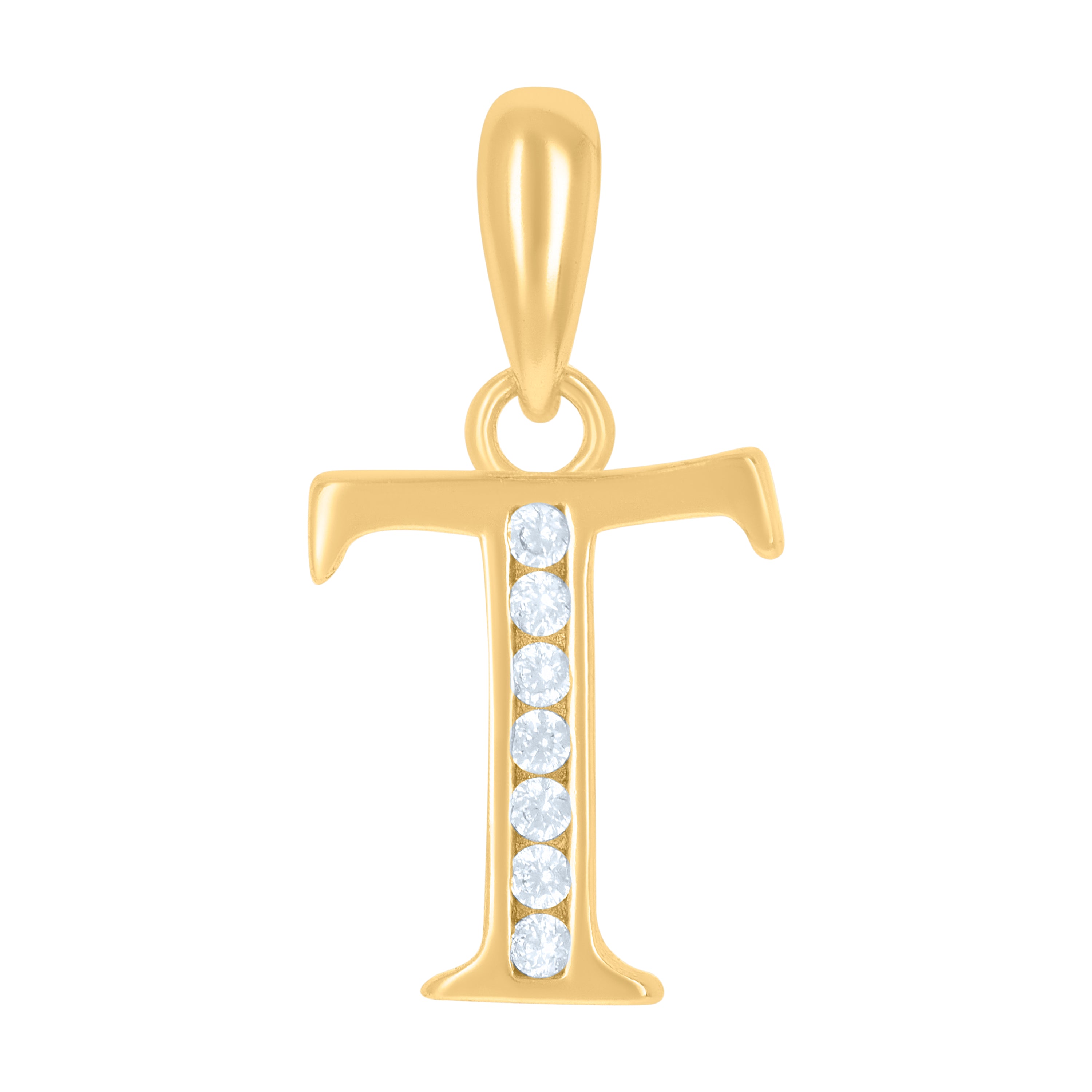 925 Sterling Silver Yellow-Tone Unisex Cubic-Zirconia Initial Alphabet T Charm Pendant