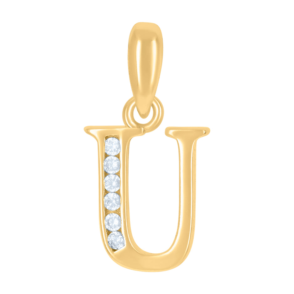 925 Sterling Silver Yellow-Tone Unisex Cubic-Zirconia Initial Alphabet U Charm Pendant