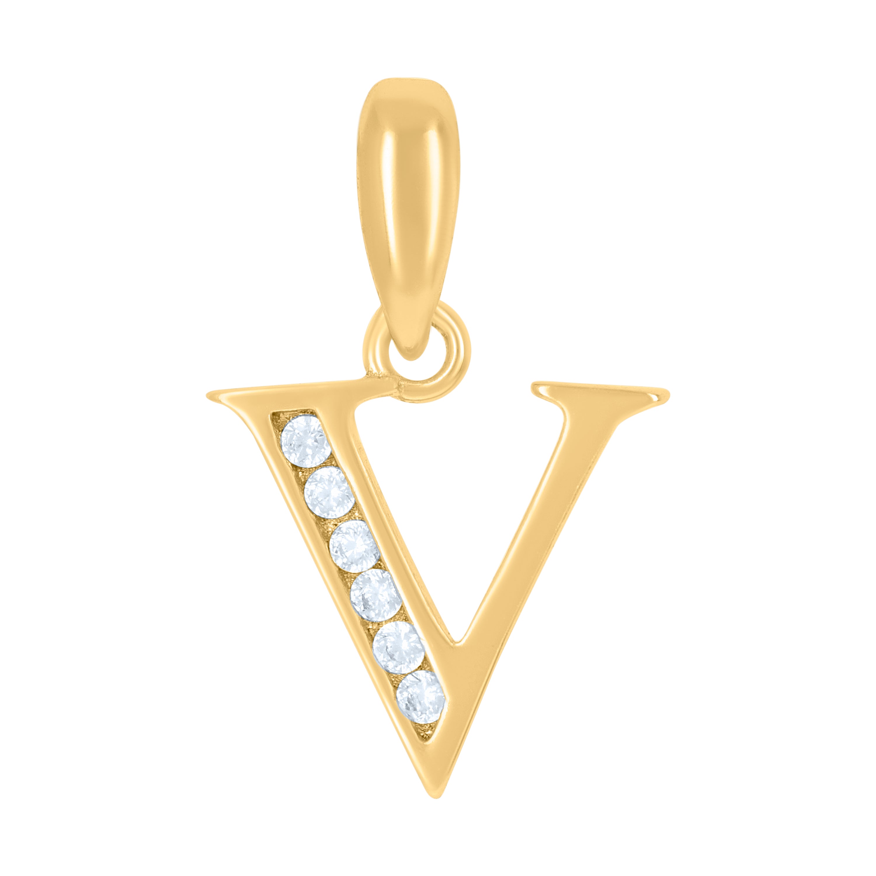 925 Sterling Silver Yellow-Tone Unisex Cubic-Zirconia Initial Alphabet V Charm Pendant