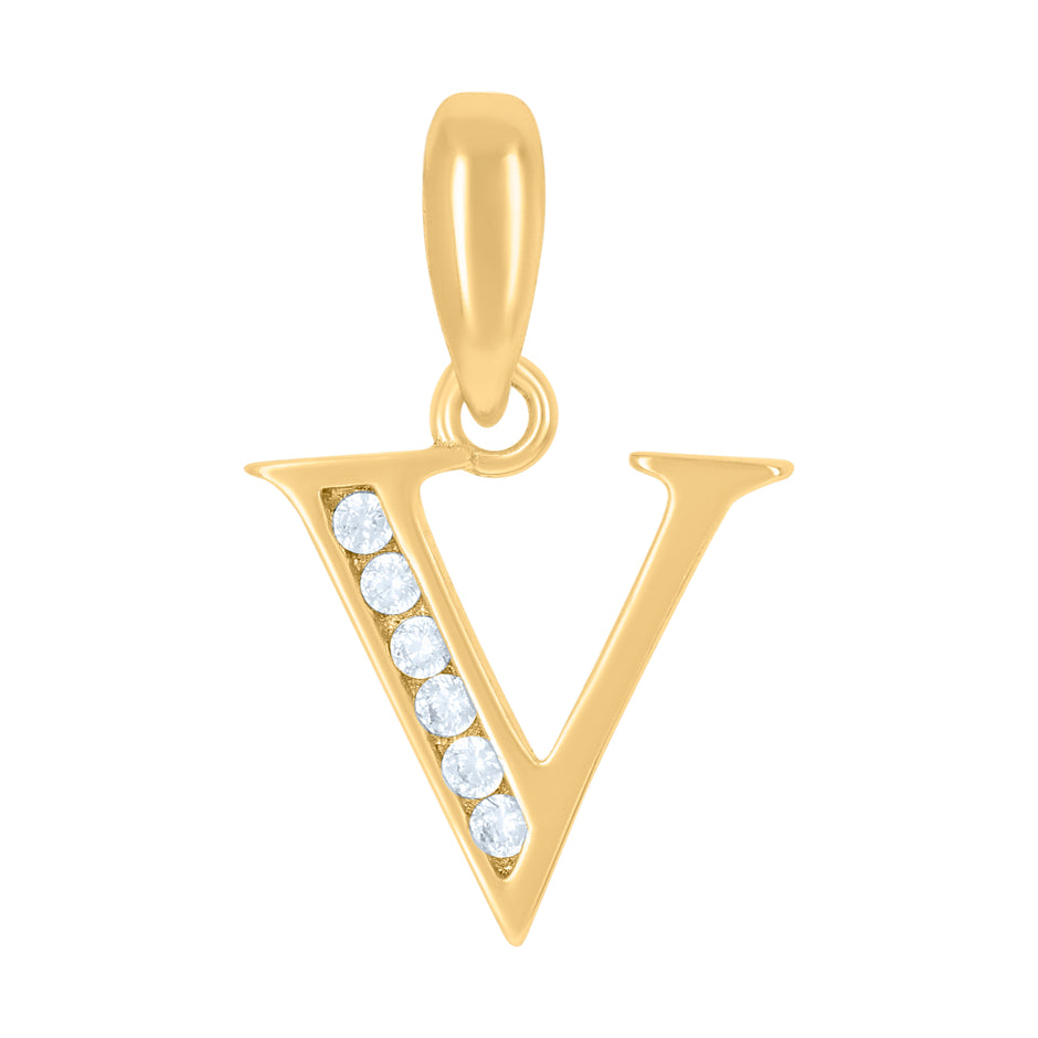 925 Sterling Silver Yellow-Tone Unisex Cubic-Zirconia Initial Alphabet V Charm Pendant