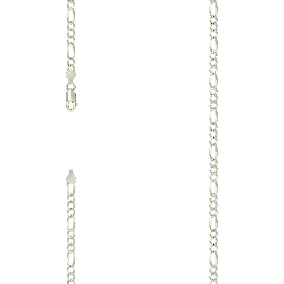 925 Sterling Silver Pave Super Flat Figaro Chain Silver 100 3.6mm-18" - SLV-27072
