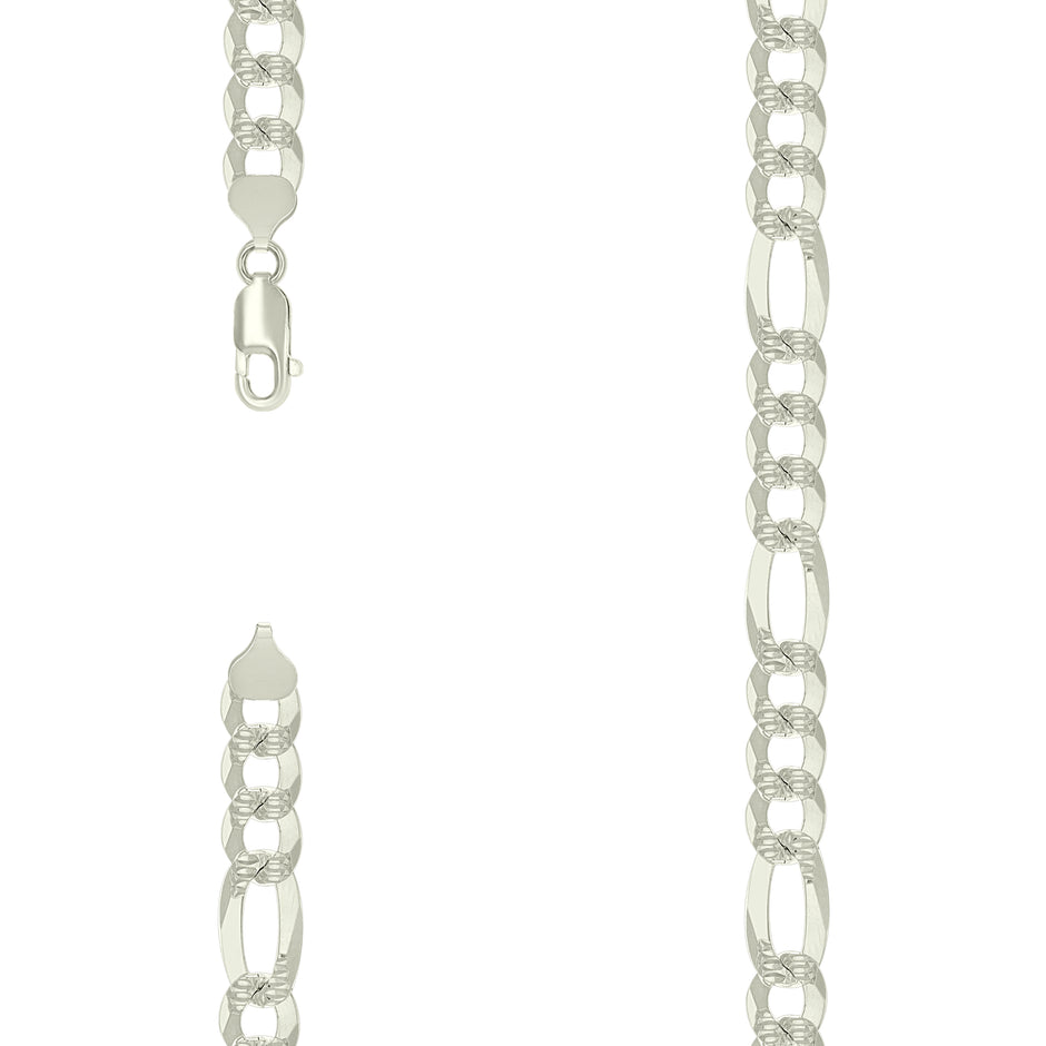 925 Sterling Silver Pave Super Flat Figaro Chain Silver 250 9.8mm-24" - SLV-27136