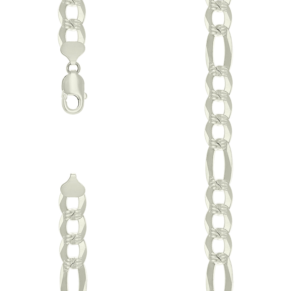 925 Sterling Silver Pave Super Flat Figaro Chain Silver 300 11.5mm-24" - SLV-27634