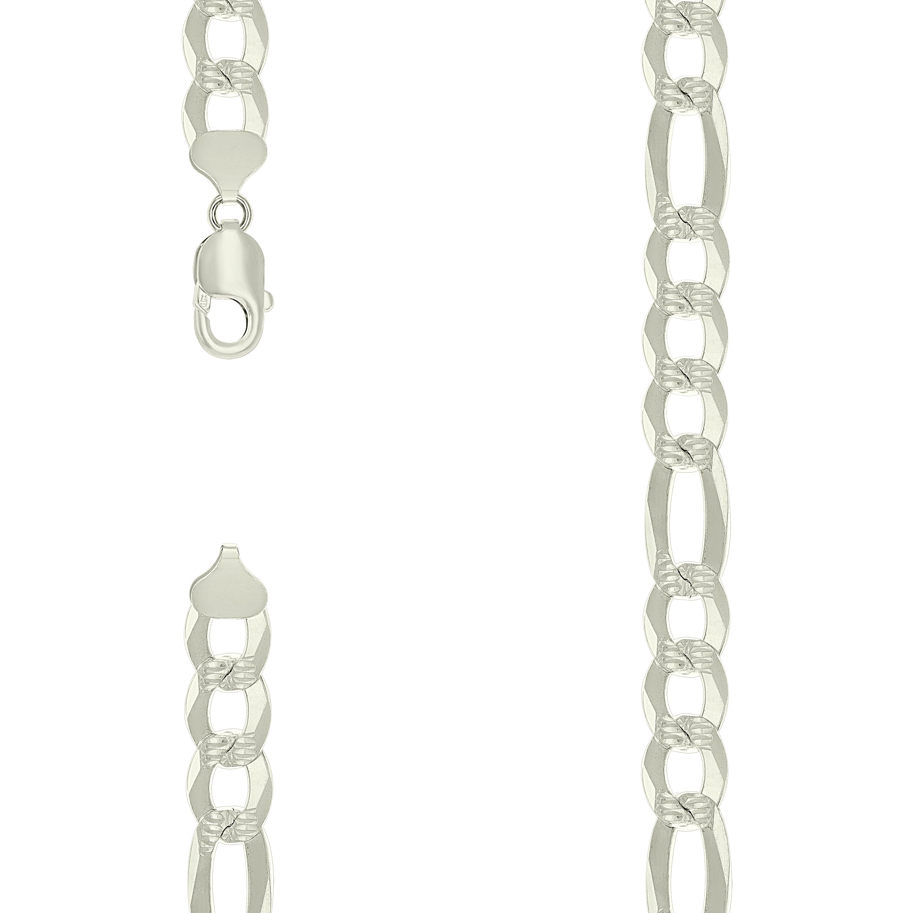 925 Sterling Silver Pave Super Flat Figaro Chain Silver 300 11.5mm-20