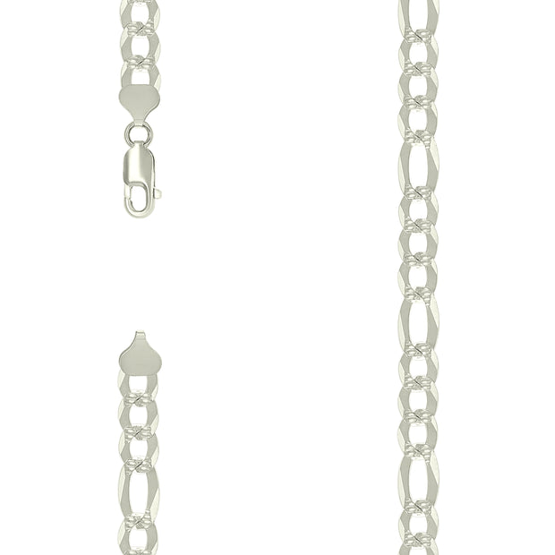 925 Sterling Silver Pave Super Flat Figaro Chain Silver 200 8.6mm-7"