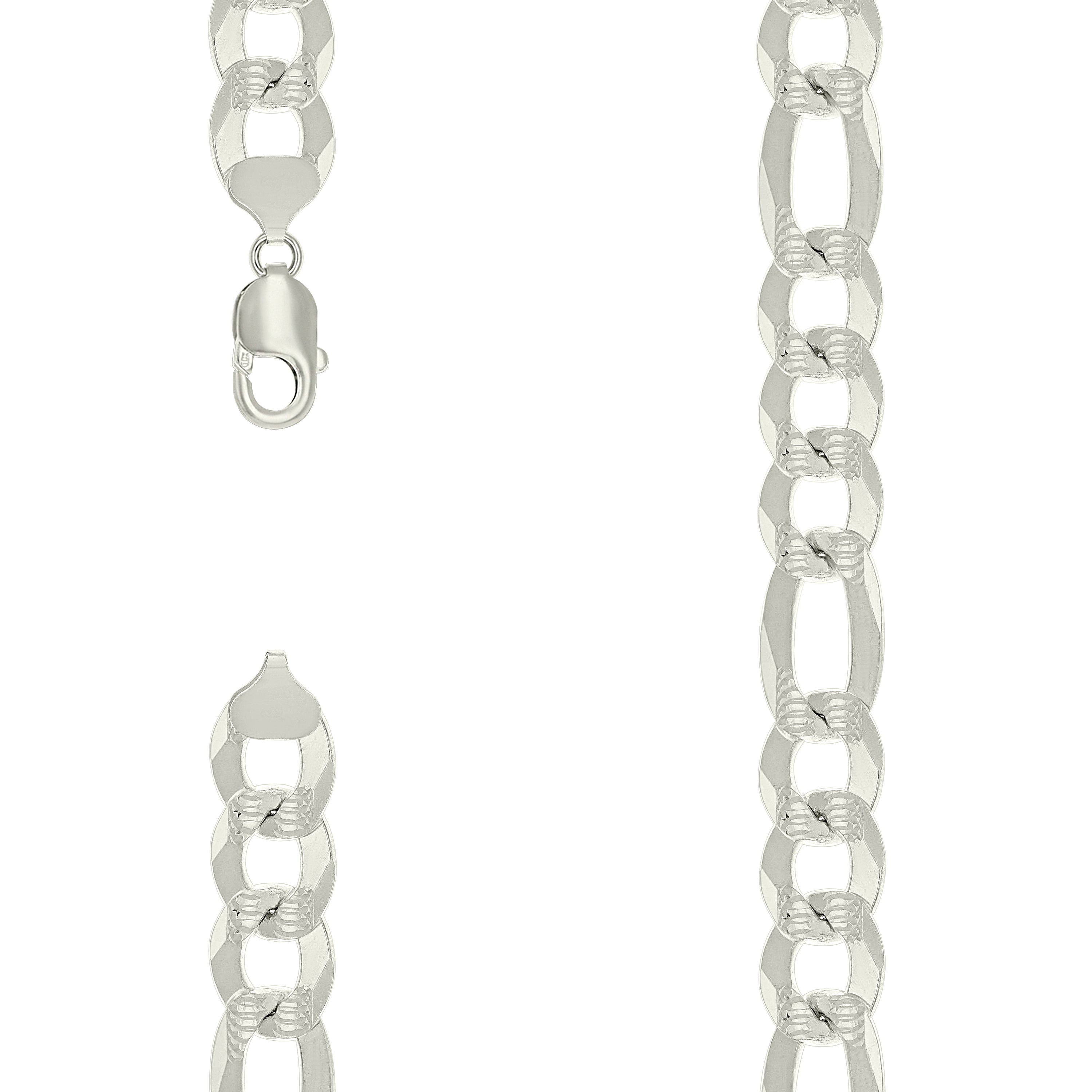 925 Sterling Silver Pave Super Flat Figaro Chain Silver 350 14mm-22