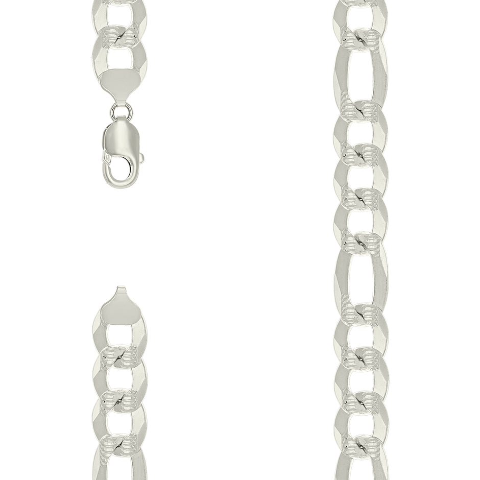 925 Sterling Silver Pave Super Flat Figaro Chain Silver 350 14mm-22" - SLV-27645