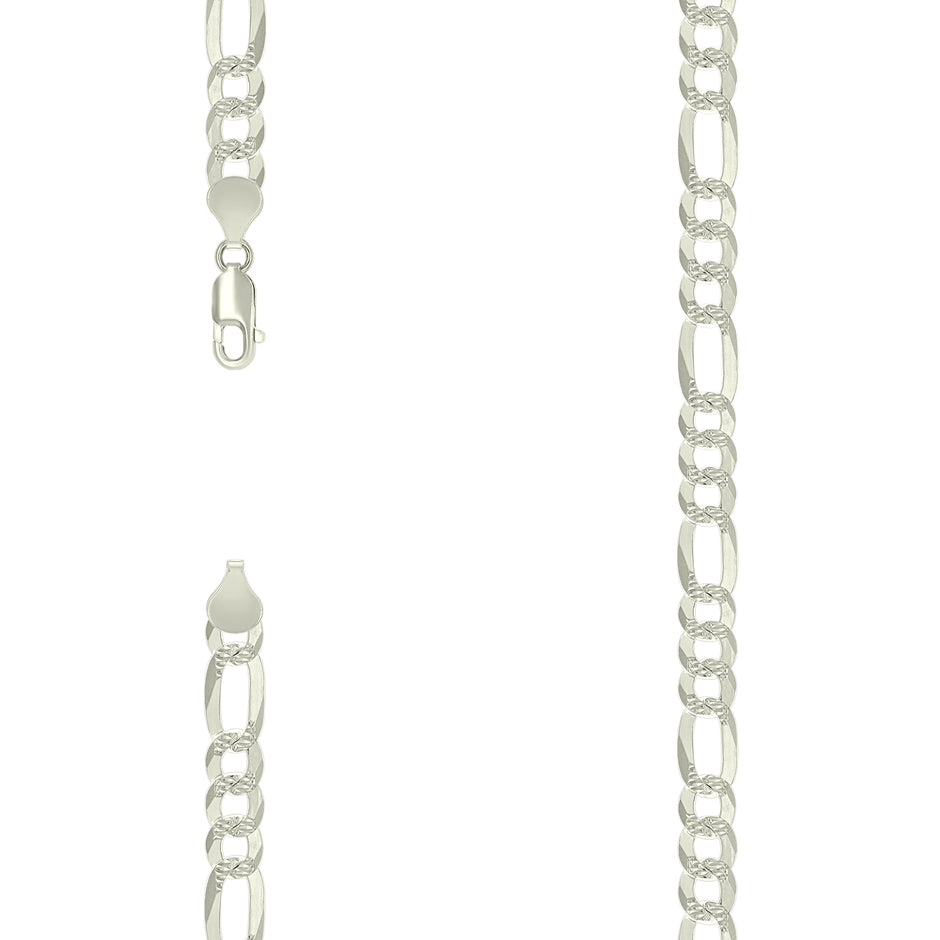 925 Sterling Silver Pave Super Flat Figaro Chain Silver 180 7.7mm-18" - SLV-27108