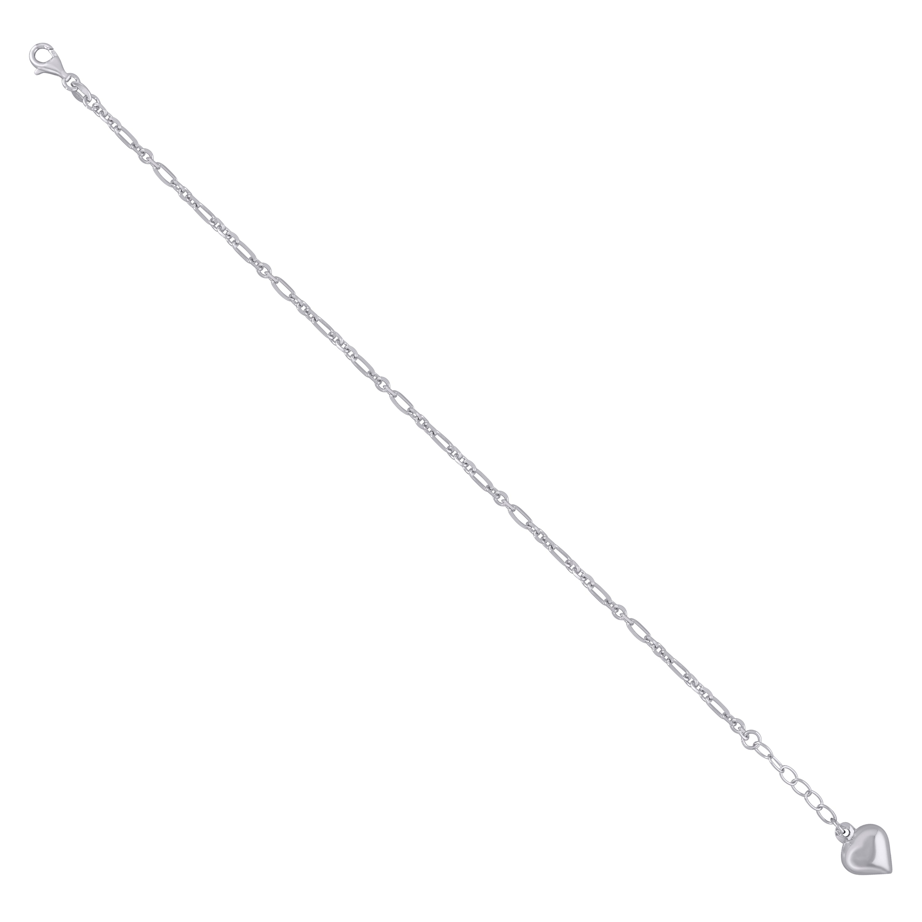 925 Sterling Silver Womens Figaro Link Heart Charms Anklet