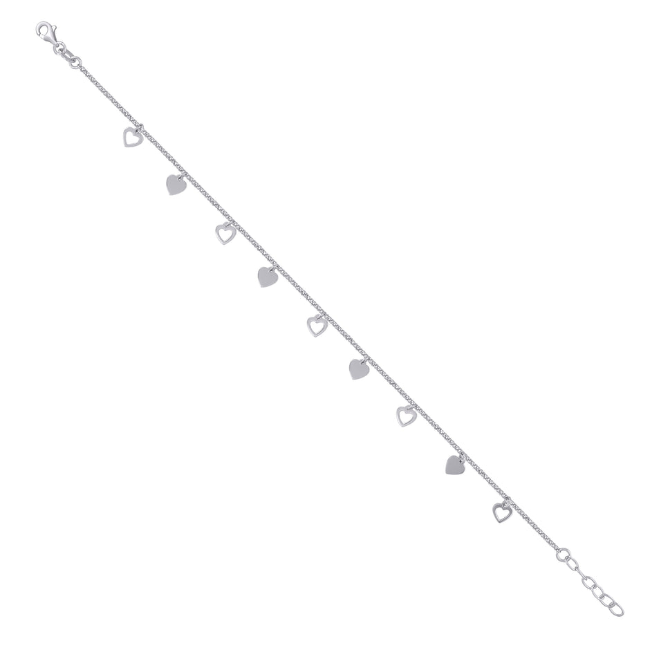 925 Sterling Silver Womens Rolo Link Heart Charms Anklet