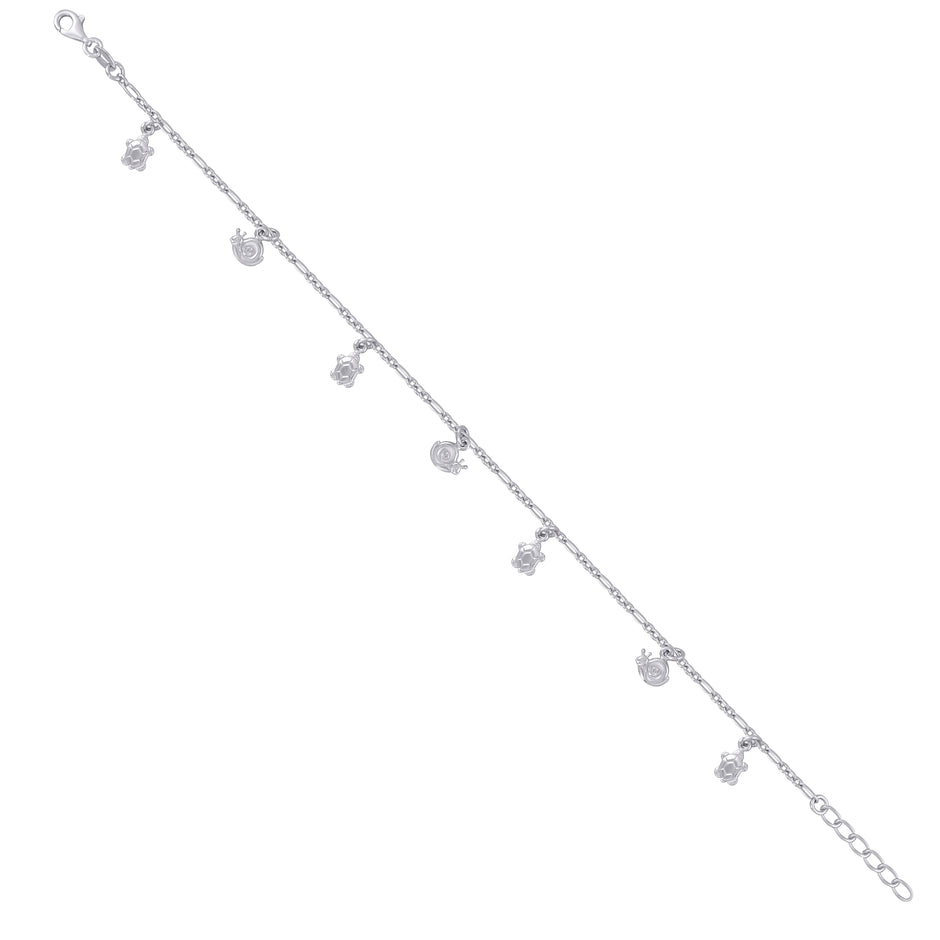 925 Sterling Silver Womens Figaro Link Ocean Charms Anklet