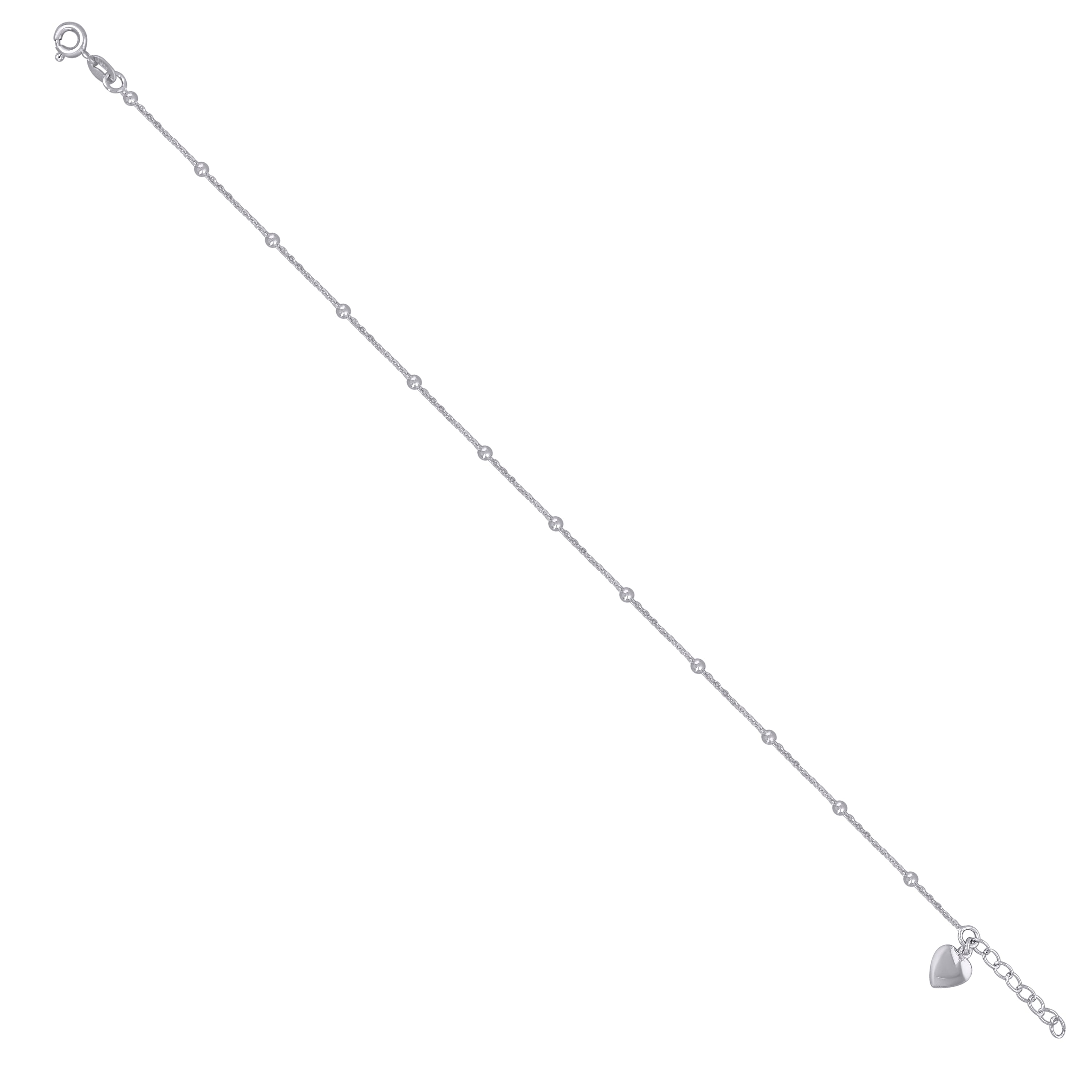 925 Sterling Silver Womens Beaded Heart Charms Anklet