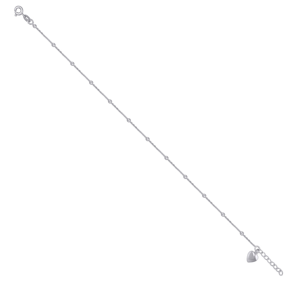 925 Sterling Silver Womens Beaded Heart Charms Anklet