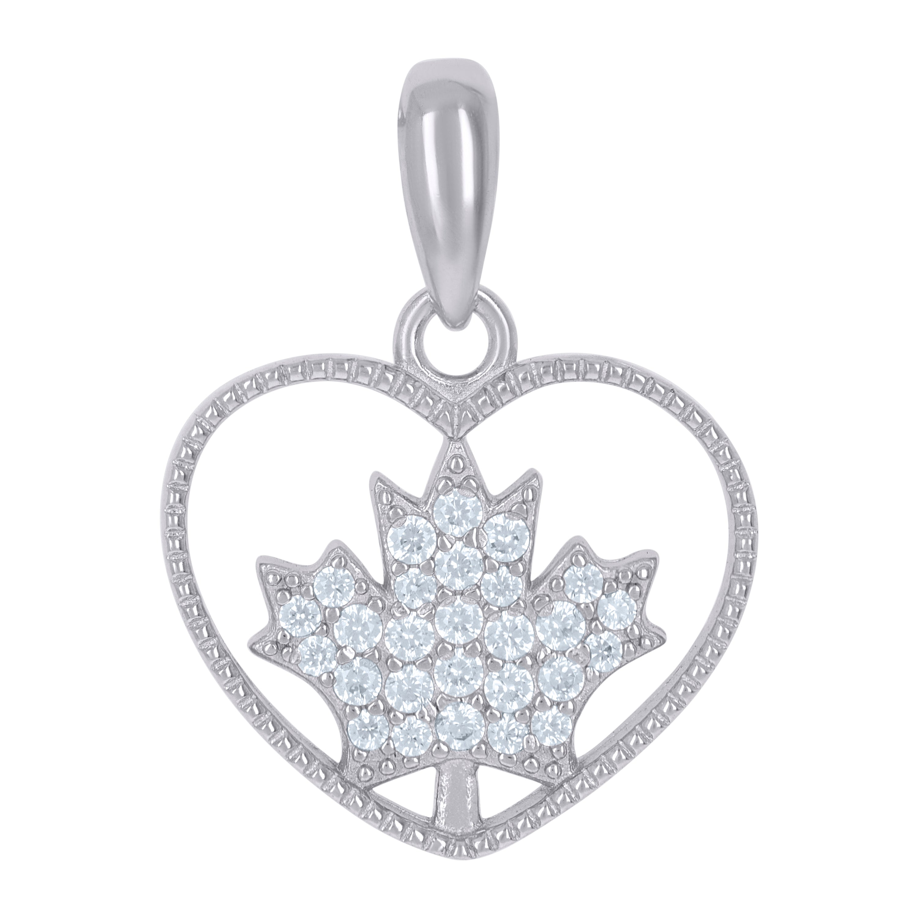 925 Sterling Silver Womens Cubic-Zirconia Maple Leaf Heart Charm Pendant