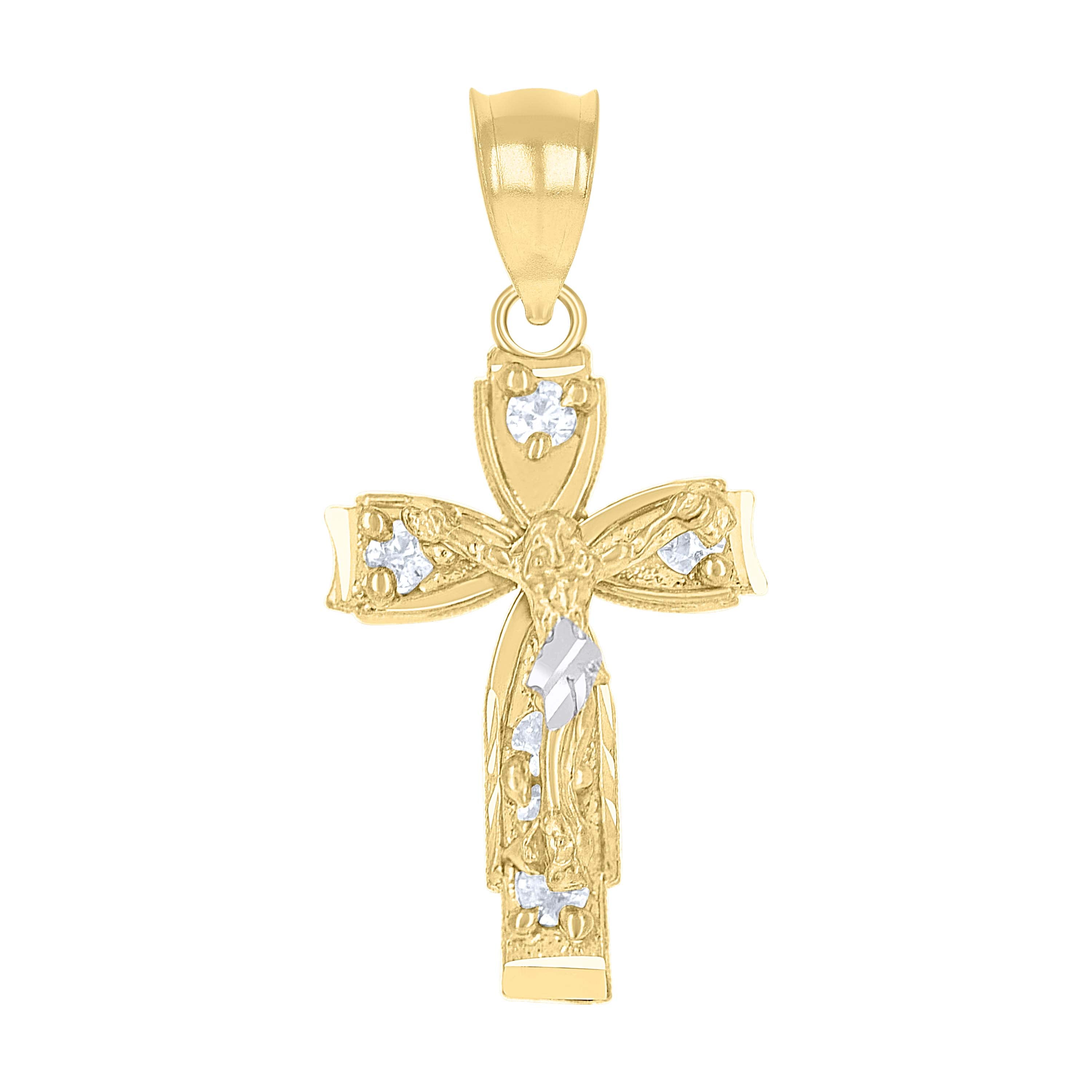 10Kt Two-Tone Gold Unisex Cubic-Zirconia Crucifix Cross Religious Charm Pendant