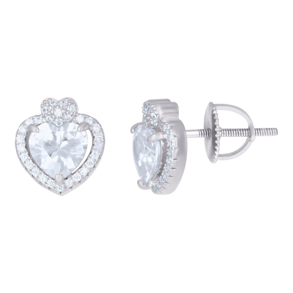 925 Sterling Silver Womens Heart Round Cubic-Zirconia Heart Stud Earrings
