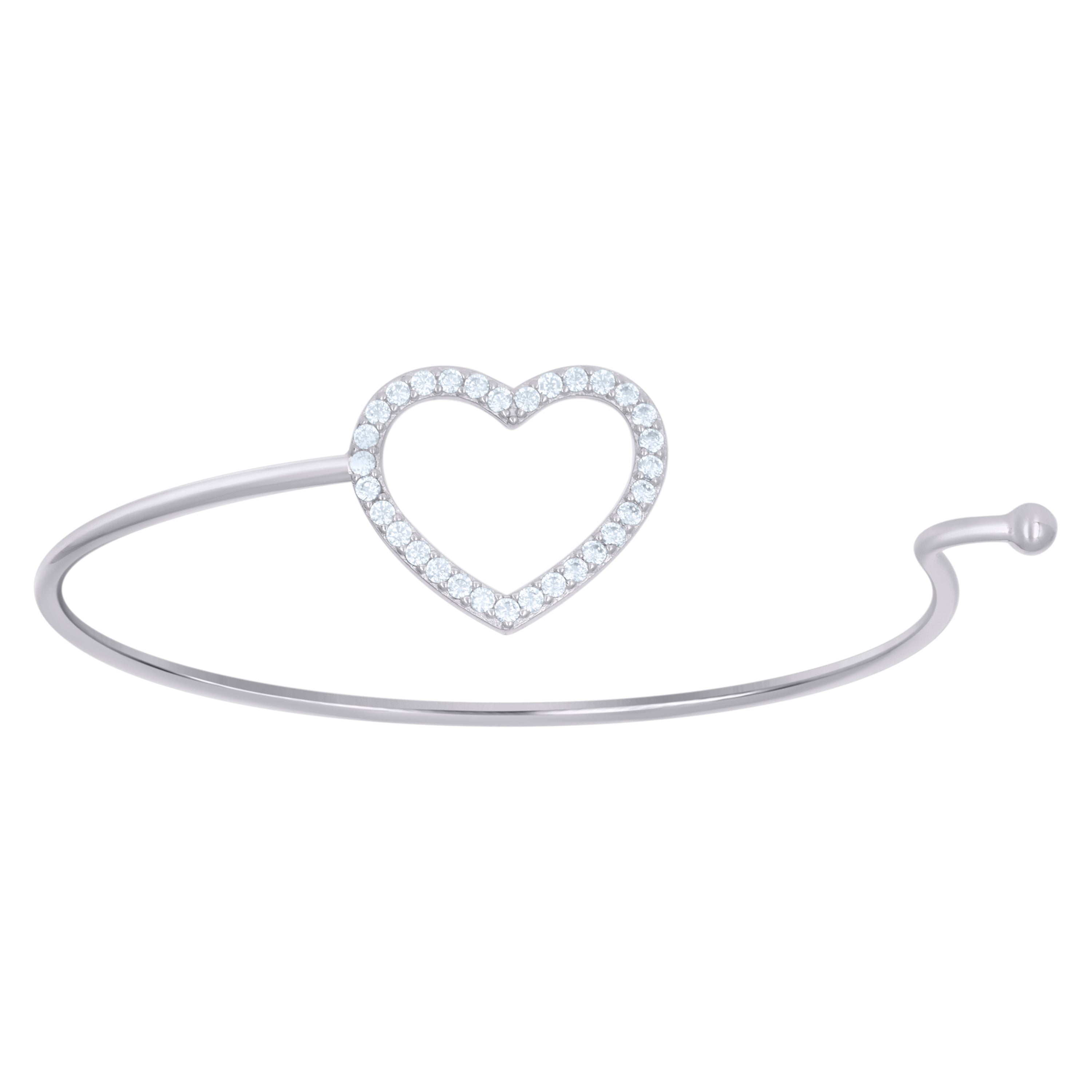 925 Sterling Silver Womens Cubic-Zirconia Heart Cuff Bangle