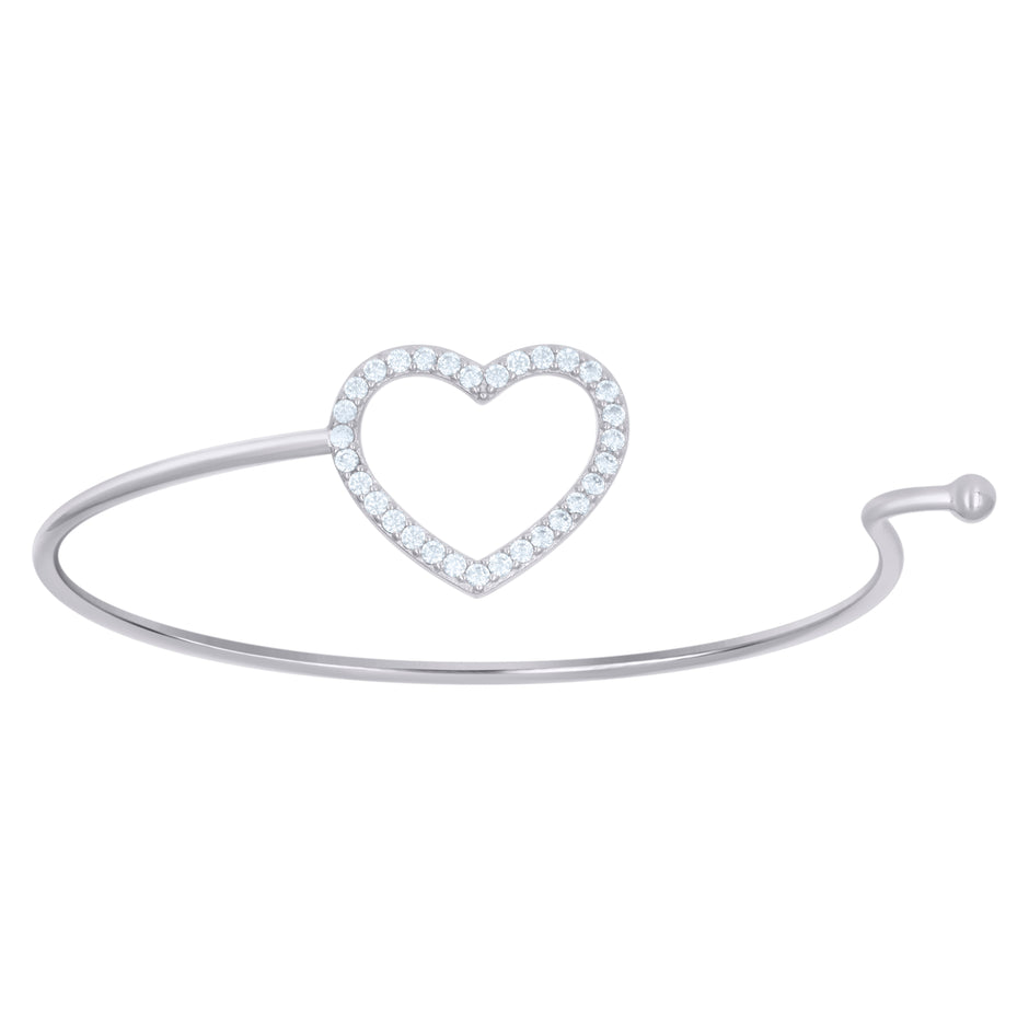 925 Sterling Silver Womens Cubic-Zirconia Heart Cuff Bangle