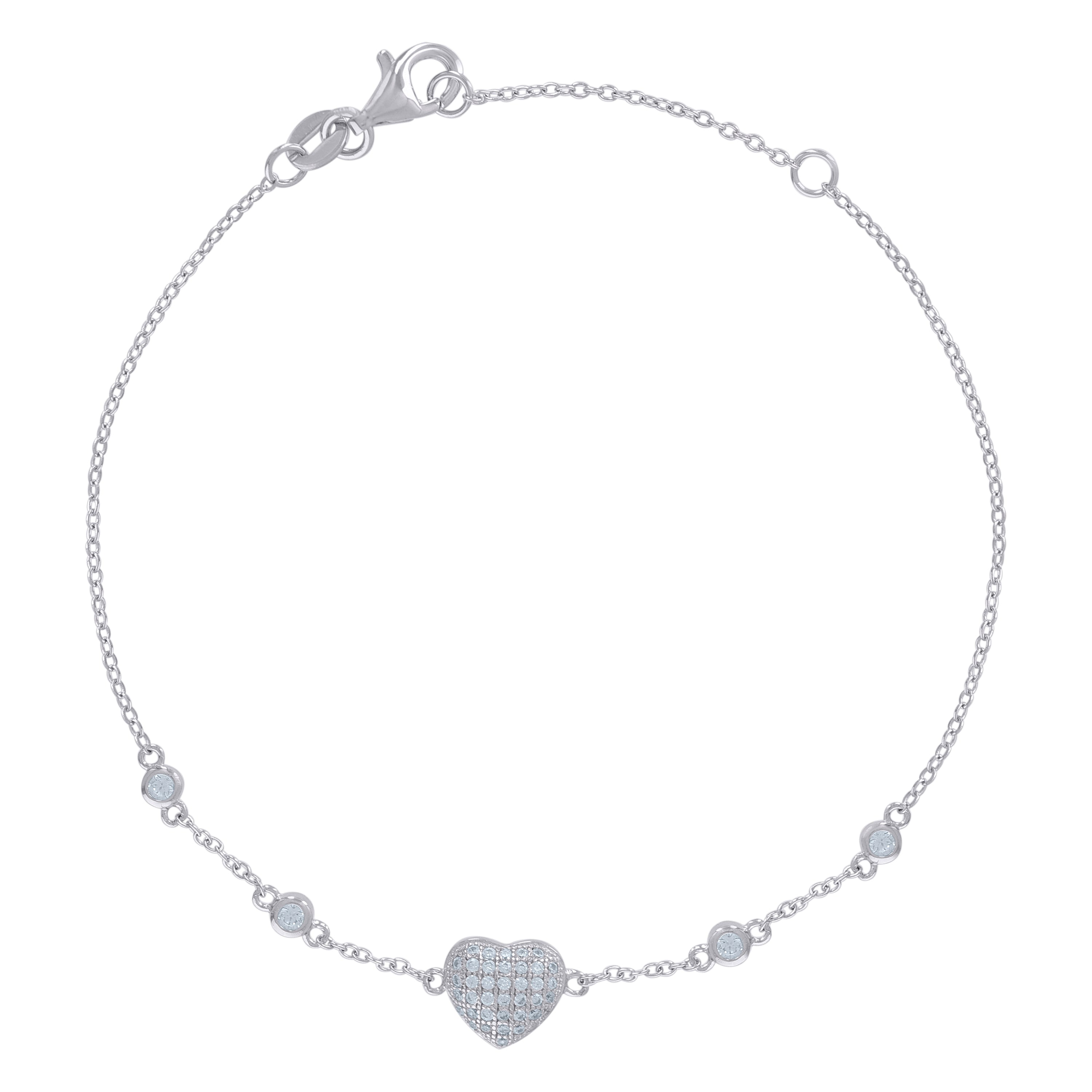 925 Sterling Silver Womens Cubic-Zirconia Heart Charm Bracelet