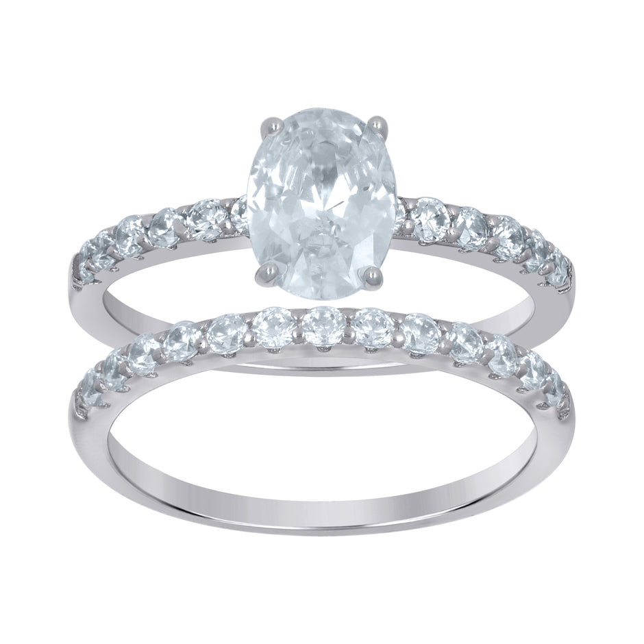 925 Sterling Silver Womens Oval Cubic-Zirconia Duo Ring Set Size 7 - SLV-111375