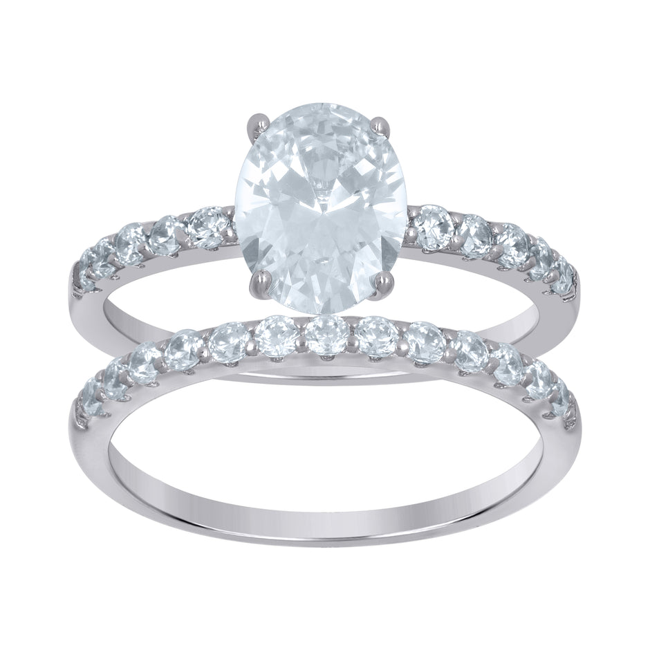 925 Sterling Silver Womens Oval Cubic-Zirconia Duo Ring Set Size 8 - SLV-111382