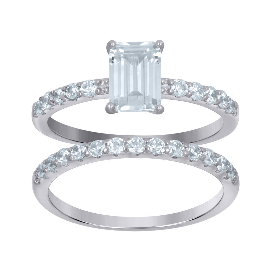 925 Sterling Silver Womens Emerald Cubic-Zirconia Duo Ring Set Size 6