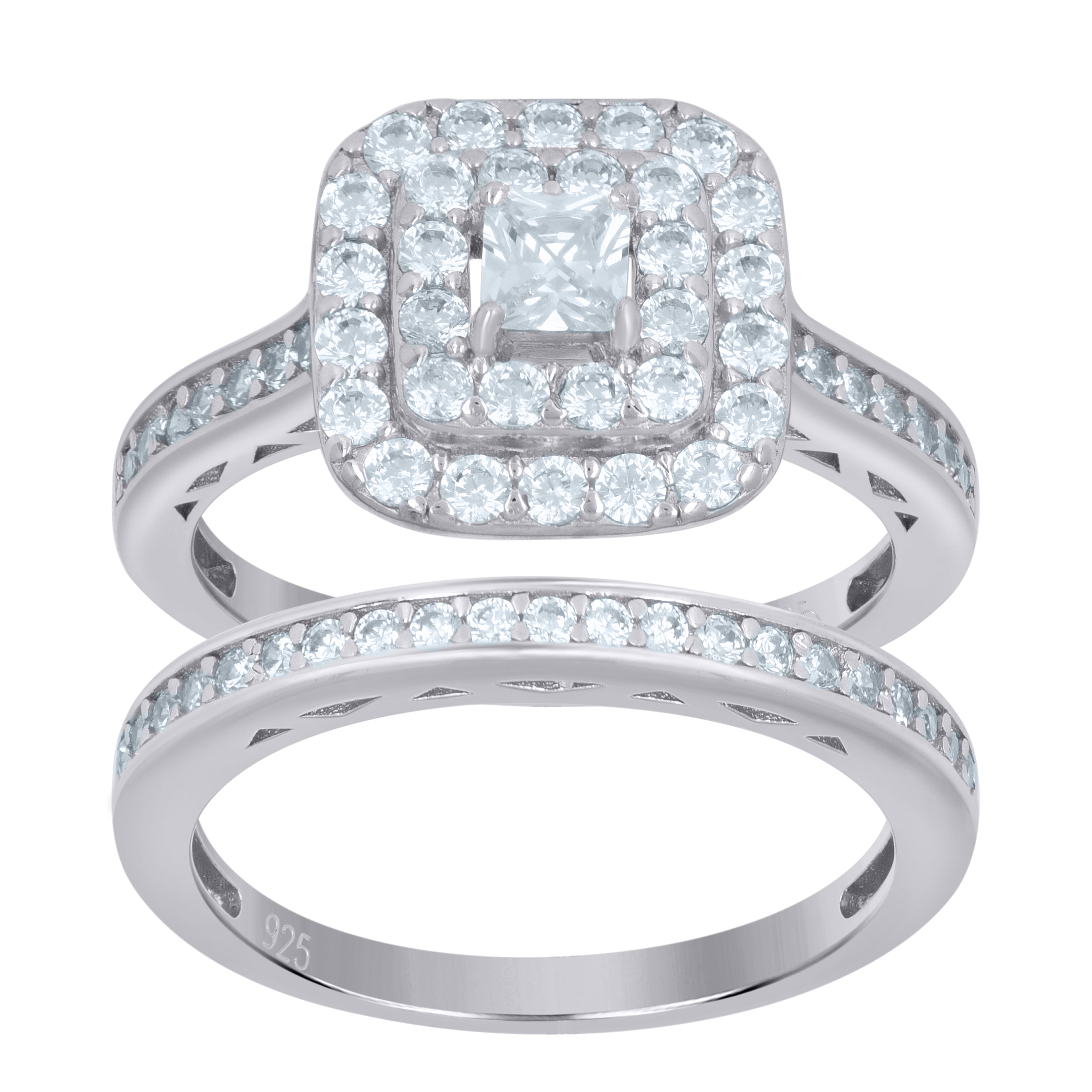 925 Sterling Silver Womens Princess-Cut Cubic-Zirconia Duo Ring Set Size 8 - SLV-111466