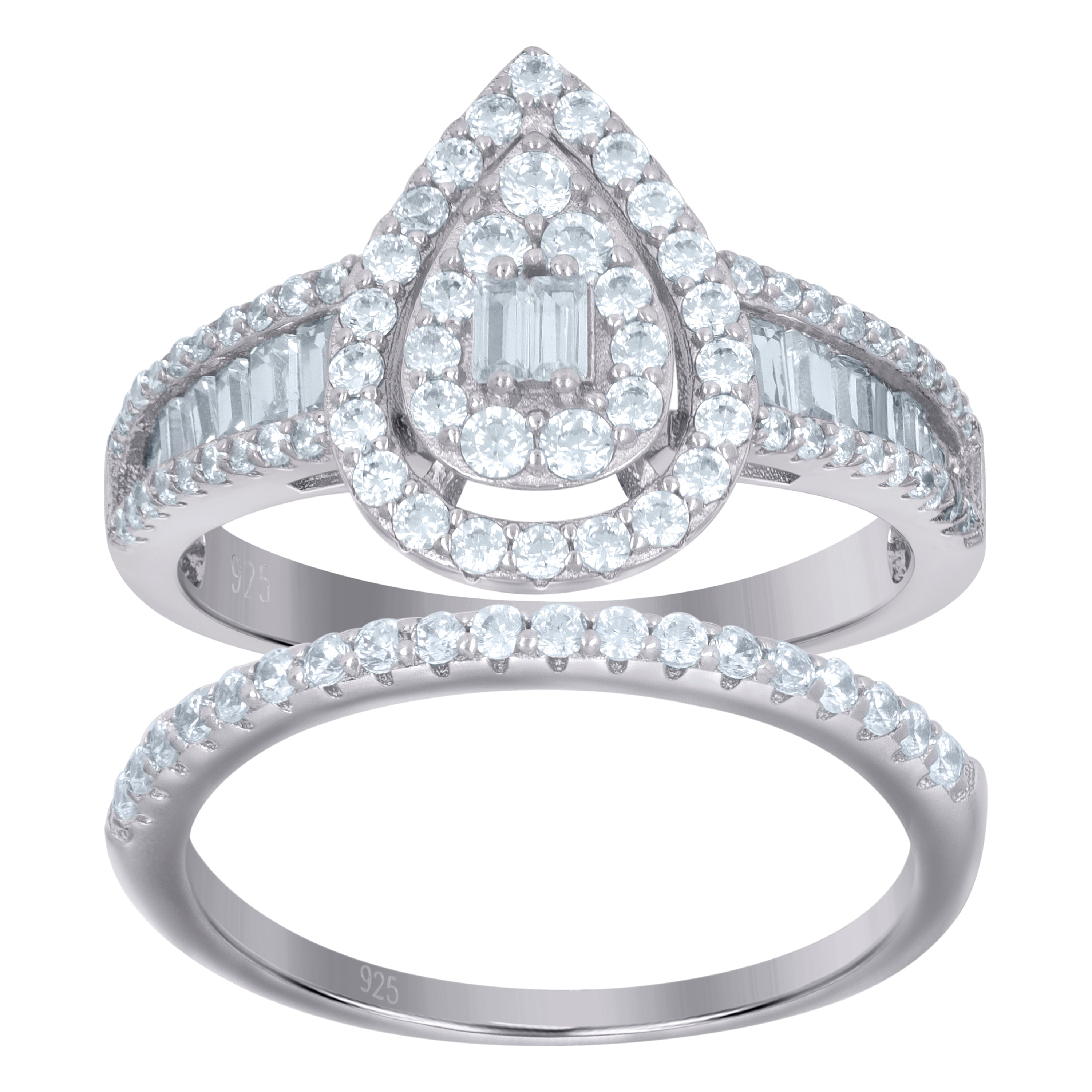 925 Sterling Silver Womens Baguette Cubic-Zirconia Teardrop Duo Ring Set Size 6