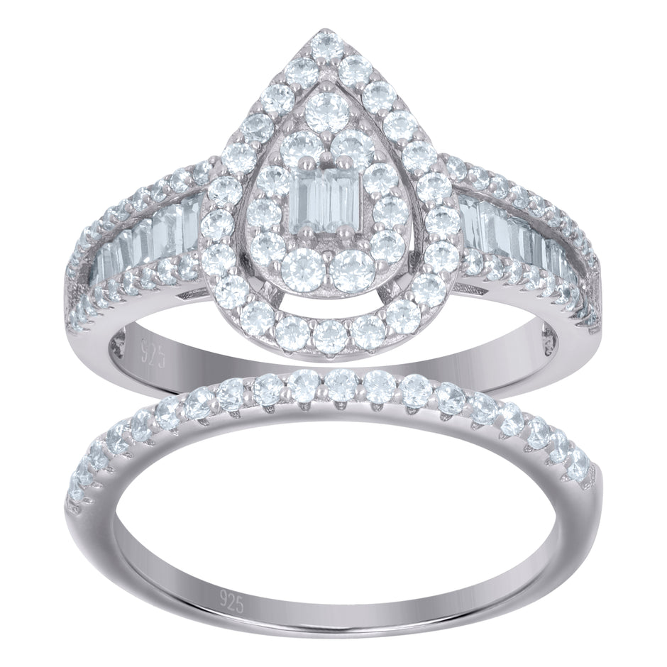 925 Sterling Silver Womens Baguette Cubic-Zirconia Teardrop Duo Ring Set Size 10 - SLV-111540
