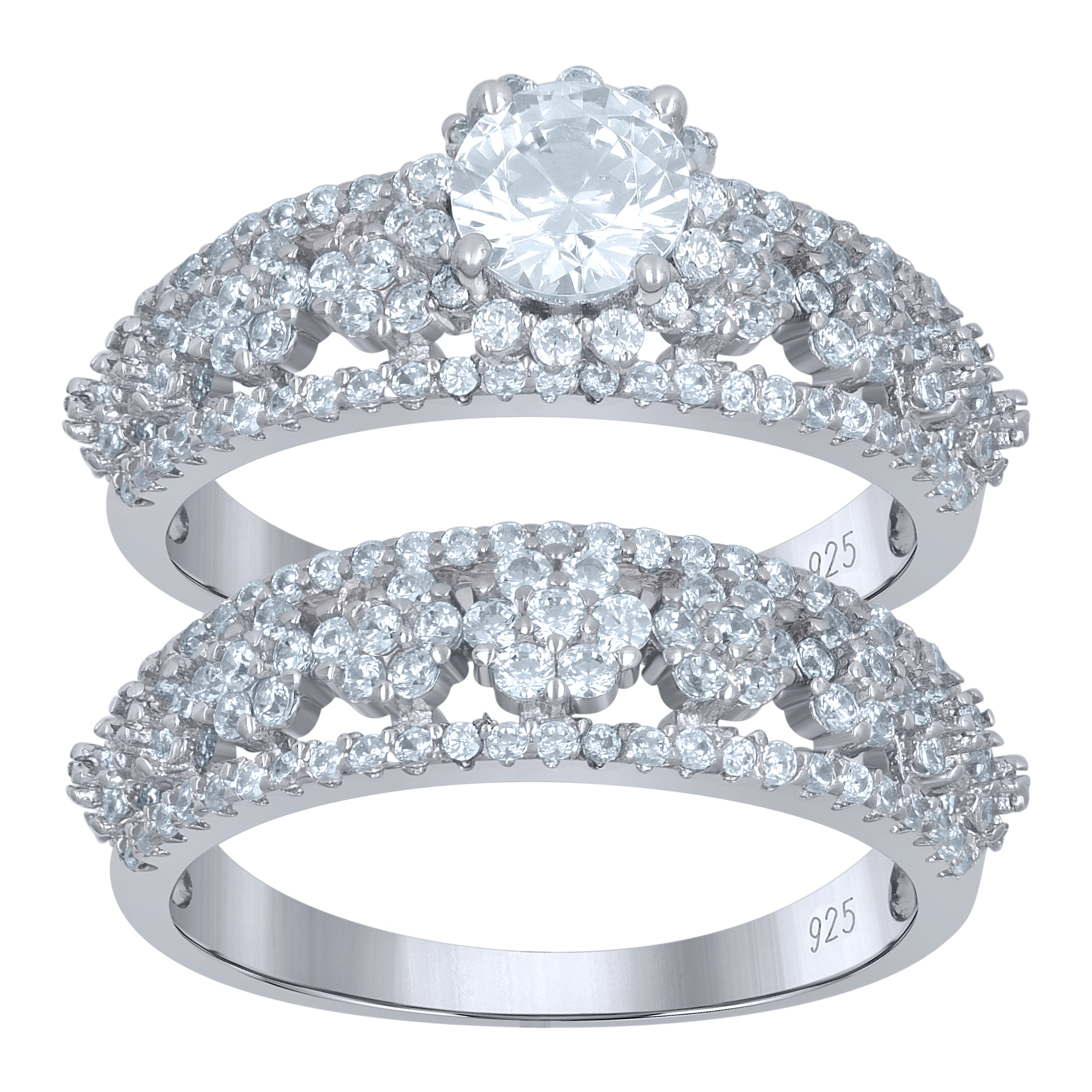 925 Sterling Silver Womens Cubic-Zirconia Flower Duo Ring Set Size 9 - SLV-111604