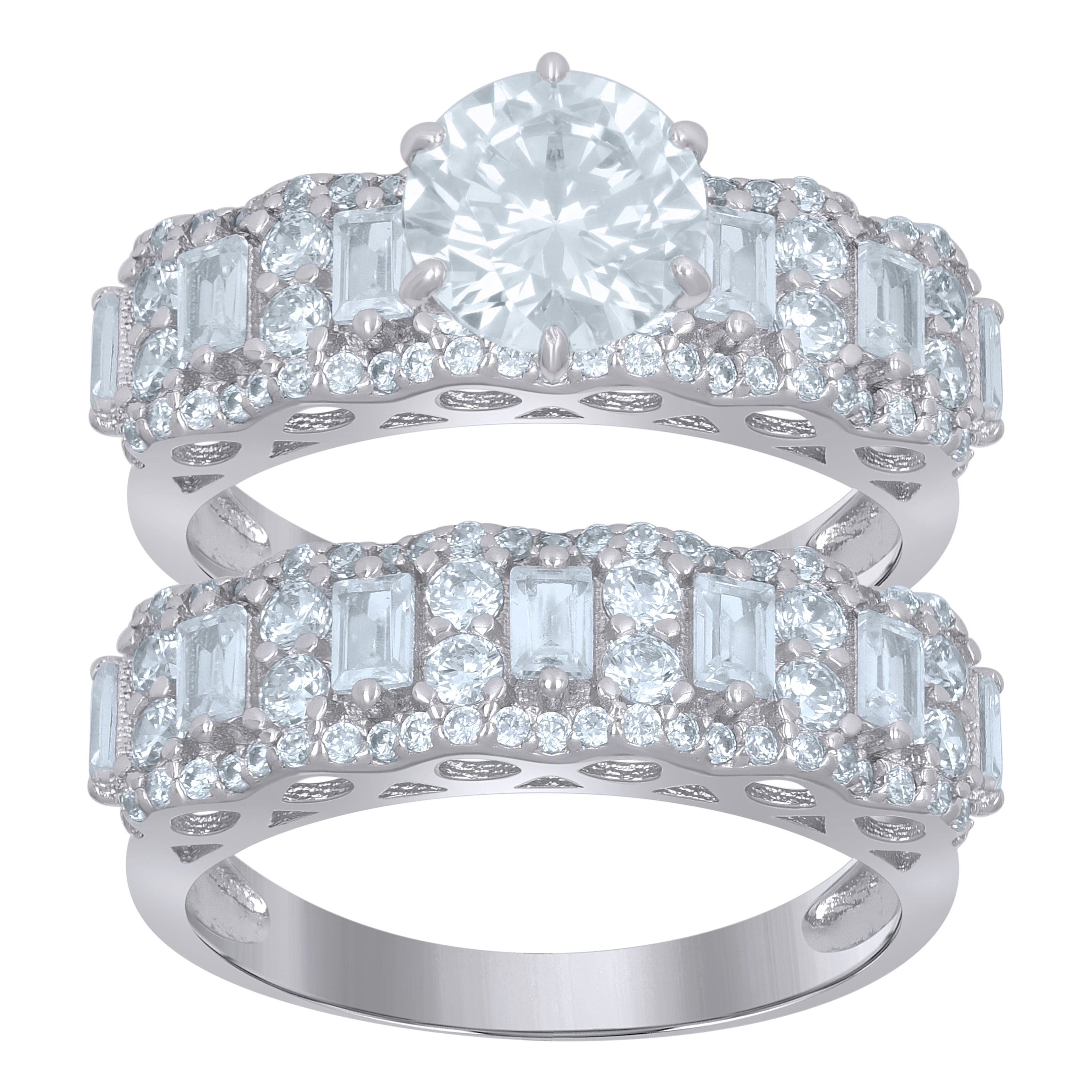 925 Sterling Silver Womens Baguette Cubic-Zirconia Duo Ring Set Size 7 - SLV-111614