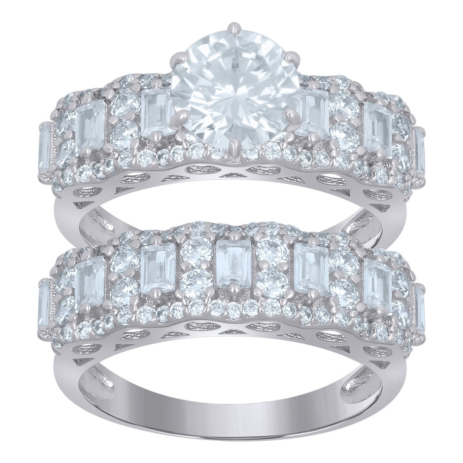 925 Sterling Silver Womens Baguette Cubic-Zirconia Duo Ring Set Size 9 - SLV-111616