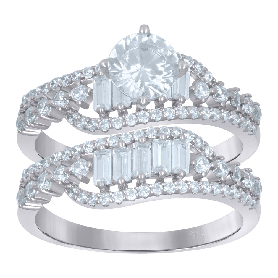 925 Sterling Silver Womens Baguette Cubic-Zirconia Duo Ring Set Size 6